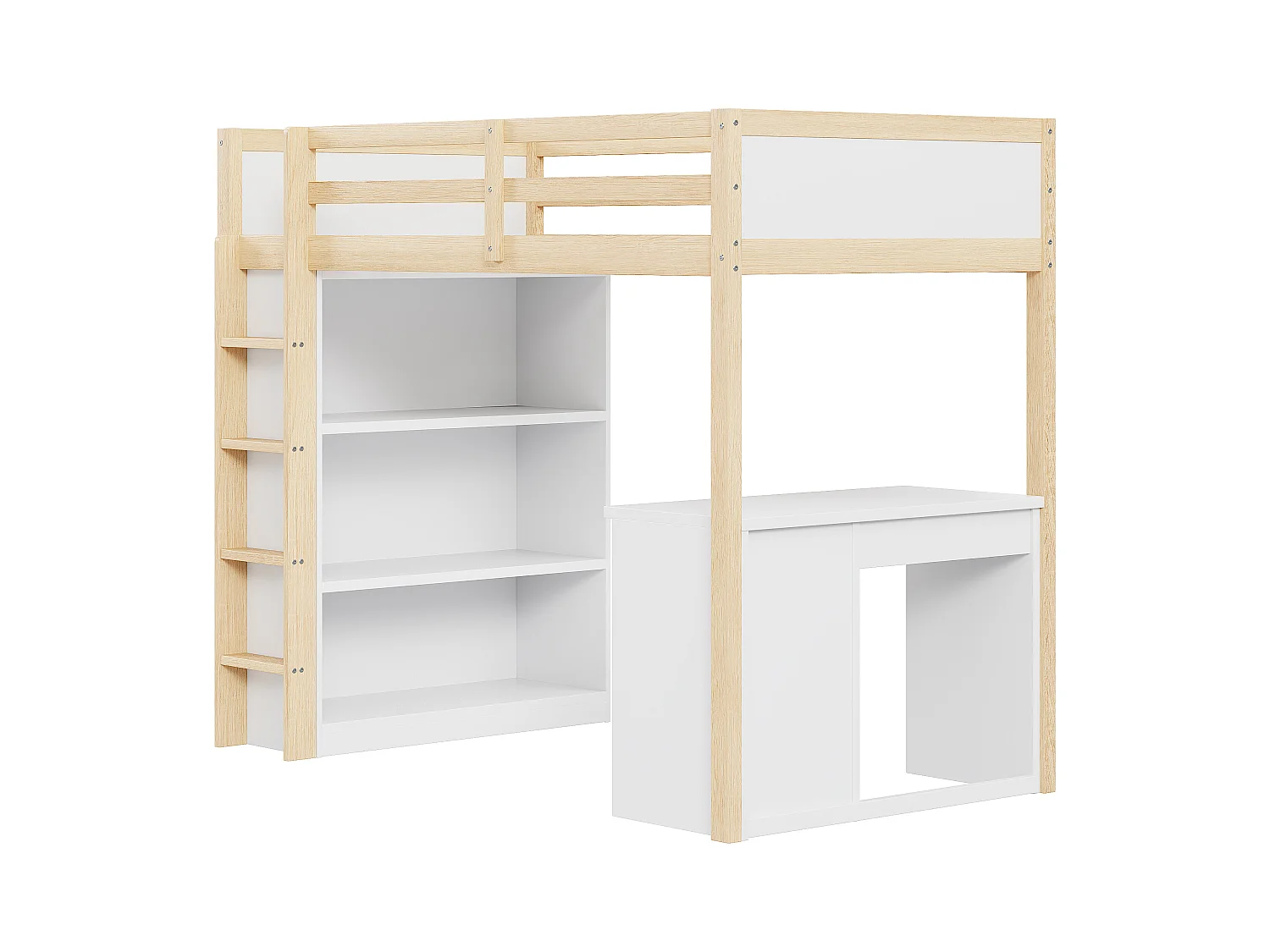 Hoogslaper 90 x 200 cm met opbergkast en computerbureau - massief hout en MDF - naturel en wit (zonder matras)