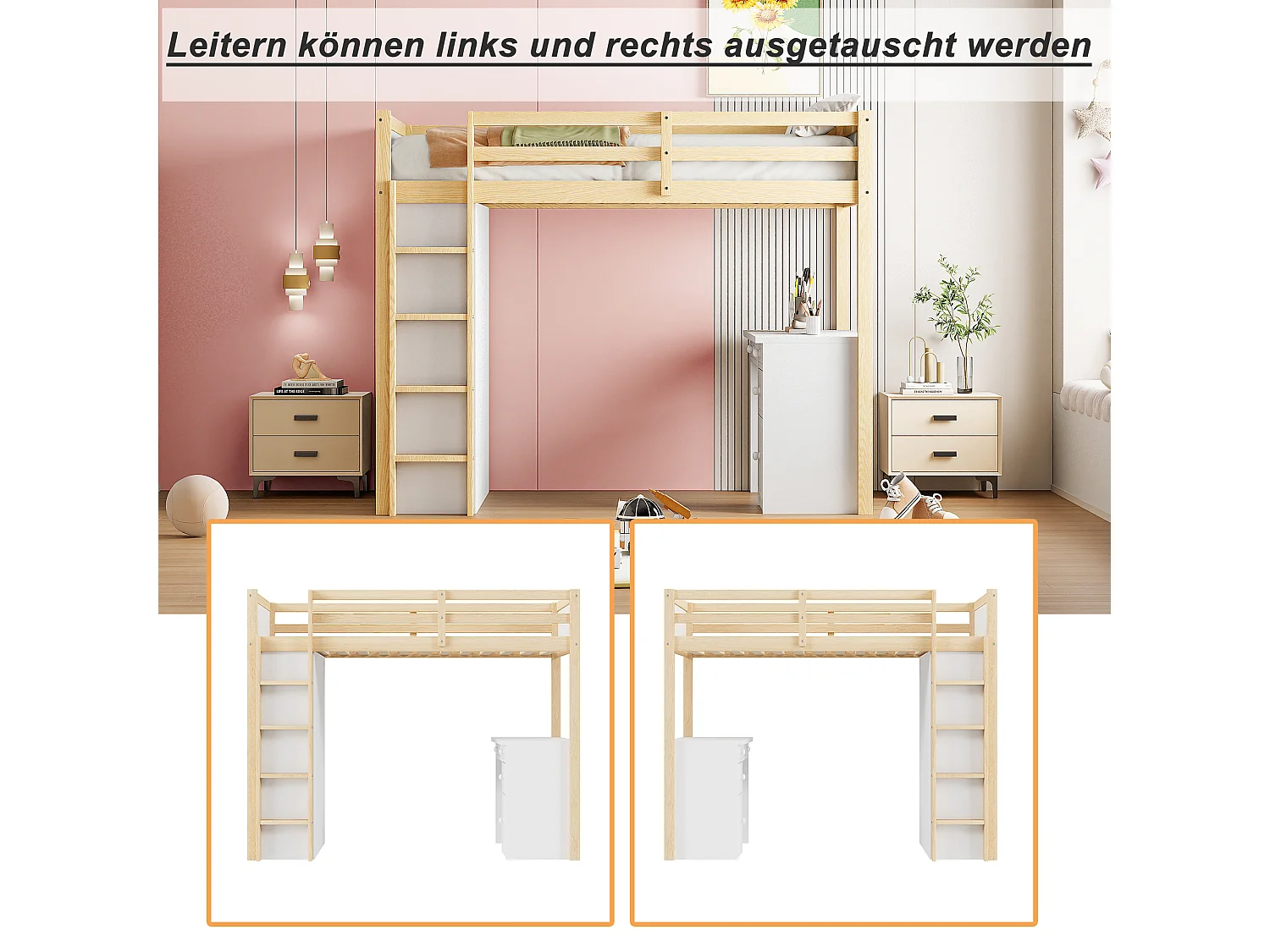 Lit mezzanine 90 x 200 cm avec armoire de rangement et bureau d'ordinateur - bois massif et MDF - naturel et blanc (sans matelas)