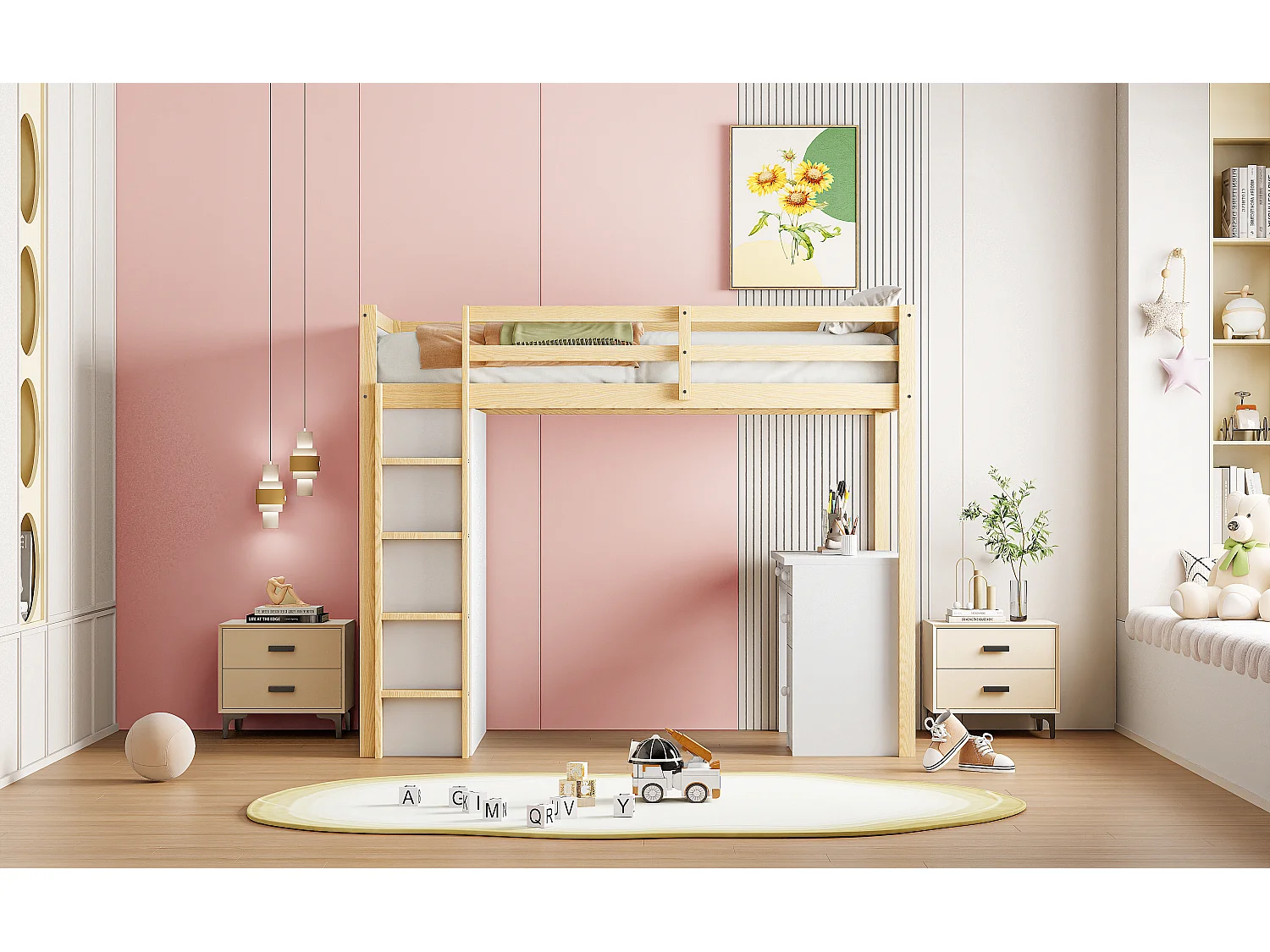 Lit mezzanine 90 x 200 cm avec armoire de rangement et bureau d'ordinateur - bois massif et MDF - naturel et blanc (sans matelas)