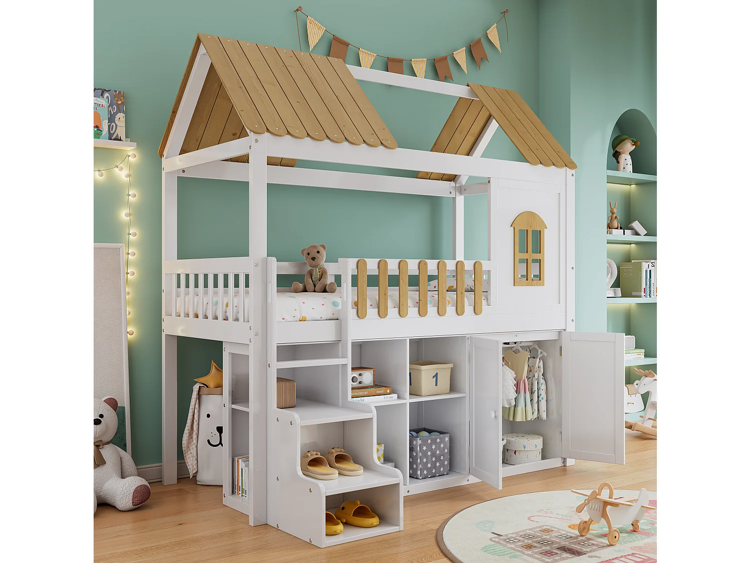 Hoogslaper 90 x 200 cm met kledingkast, 2 deuren en dak - grenen + MDF - wit + naturel (zonder matras)