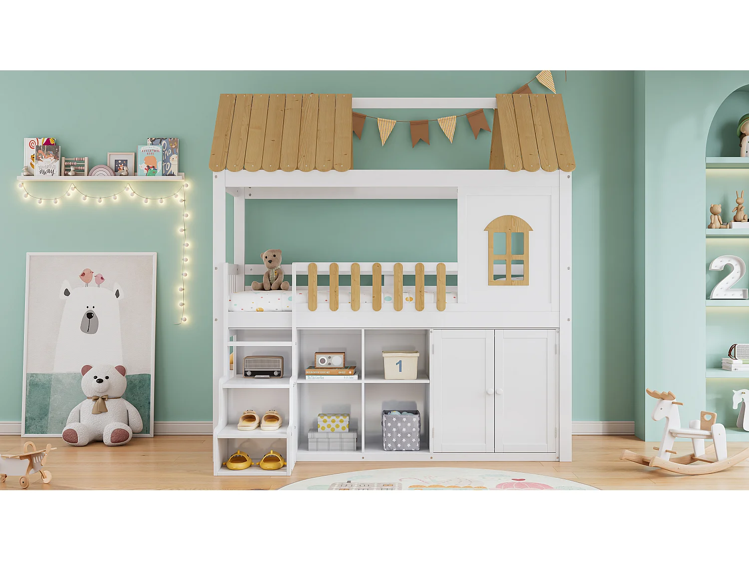 Hoogslaper 90 x 200 cm met kledingkast, 2 deuren en dak - grenen + MDF - wit + naturel (zonder matras)