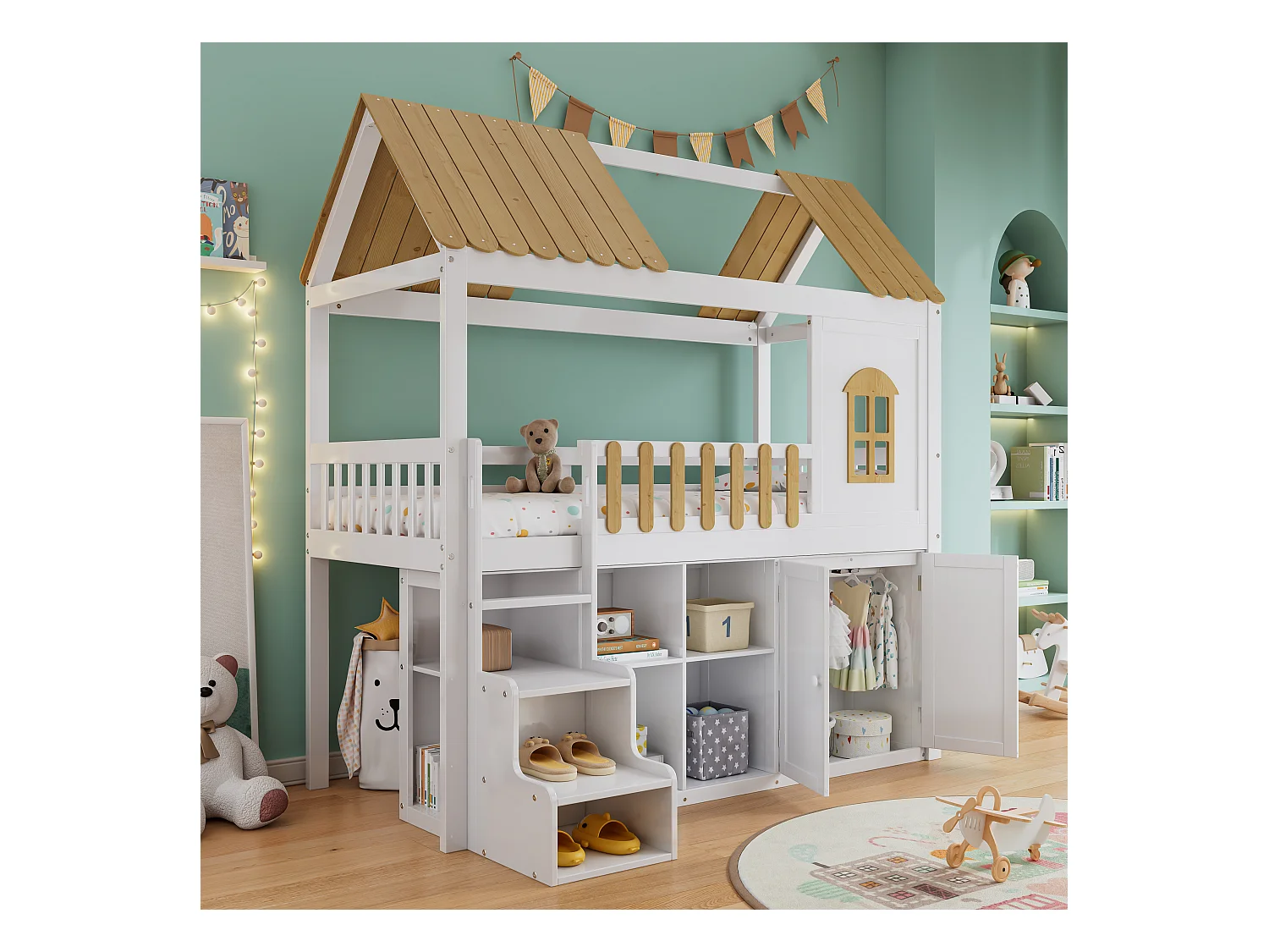 Lit mezzanine 90 x 200 cm avec armoire, 2 portes et toit - pin + MDF - blanc + naturel (sans matelas)