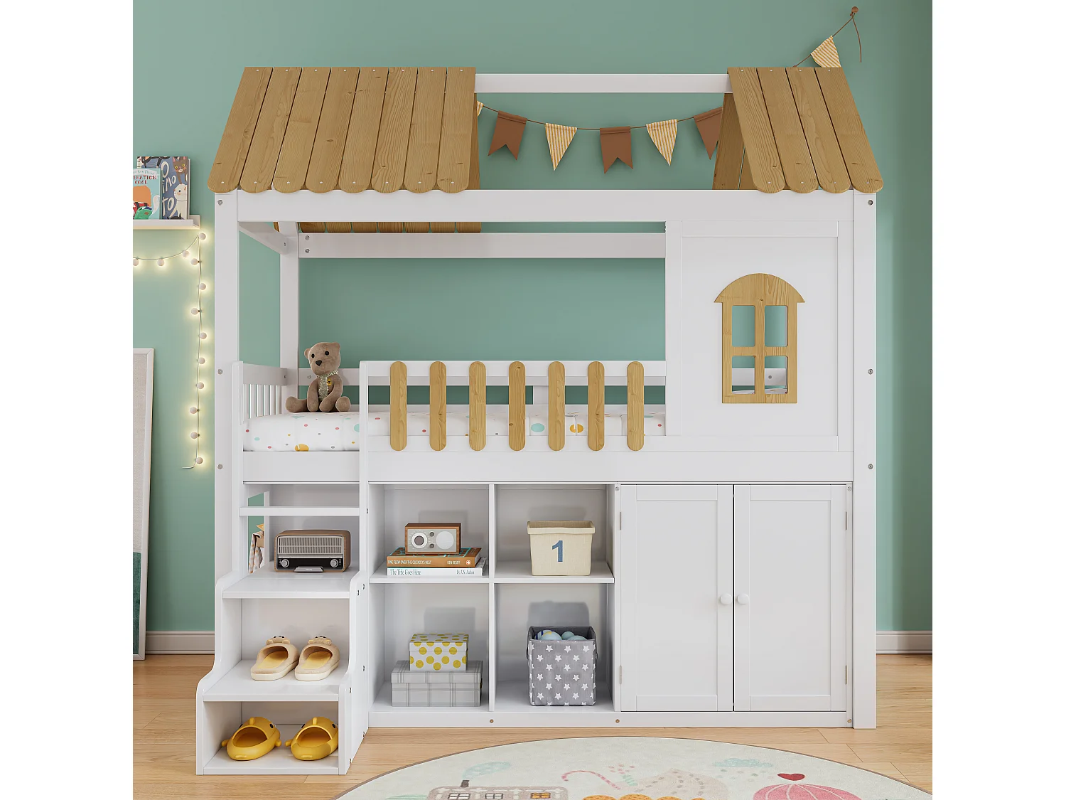 Łóżko piętrowe 90 x 200 cm z szafą, 2 drzwiami i dachem - sosna + MDF - białe + naturalne (bez materaca)