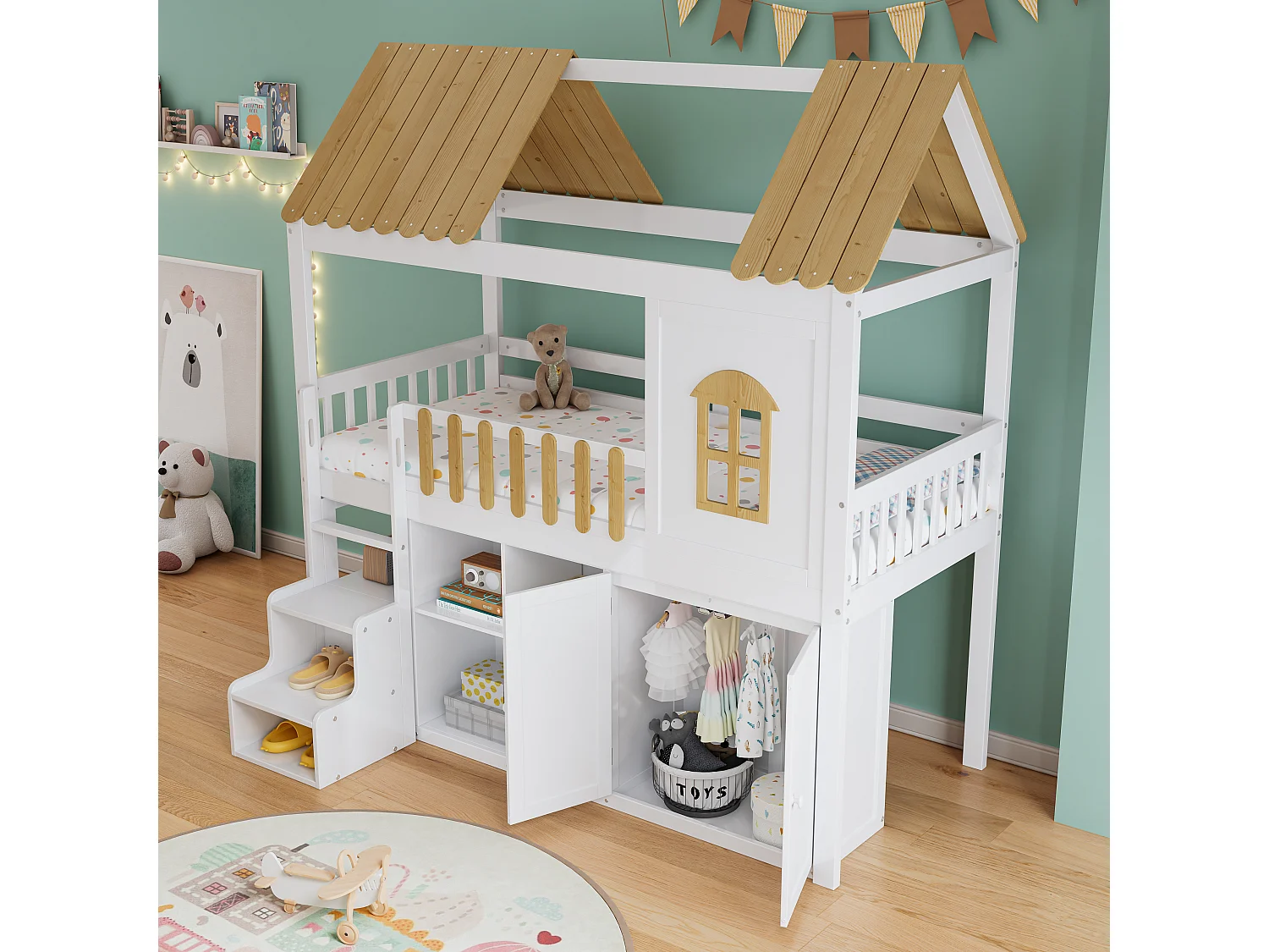 Łóżko piętrowe 90 x 200 cm z szafą, 2 drzwiami i dachem - sosna + MDF - białe + naturalne (bez materaca)