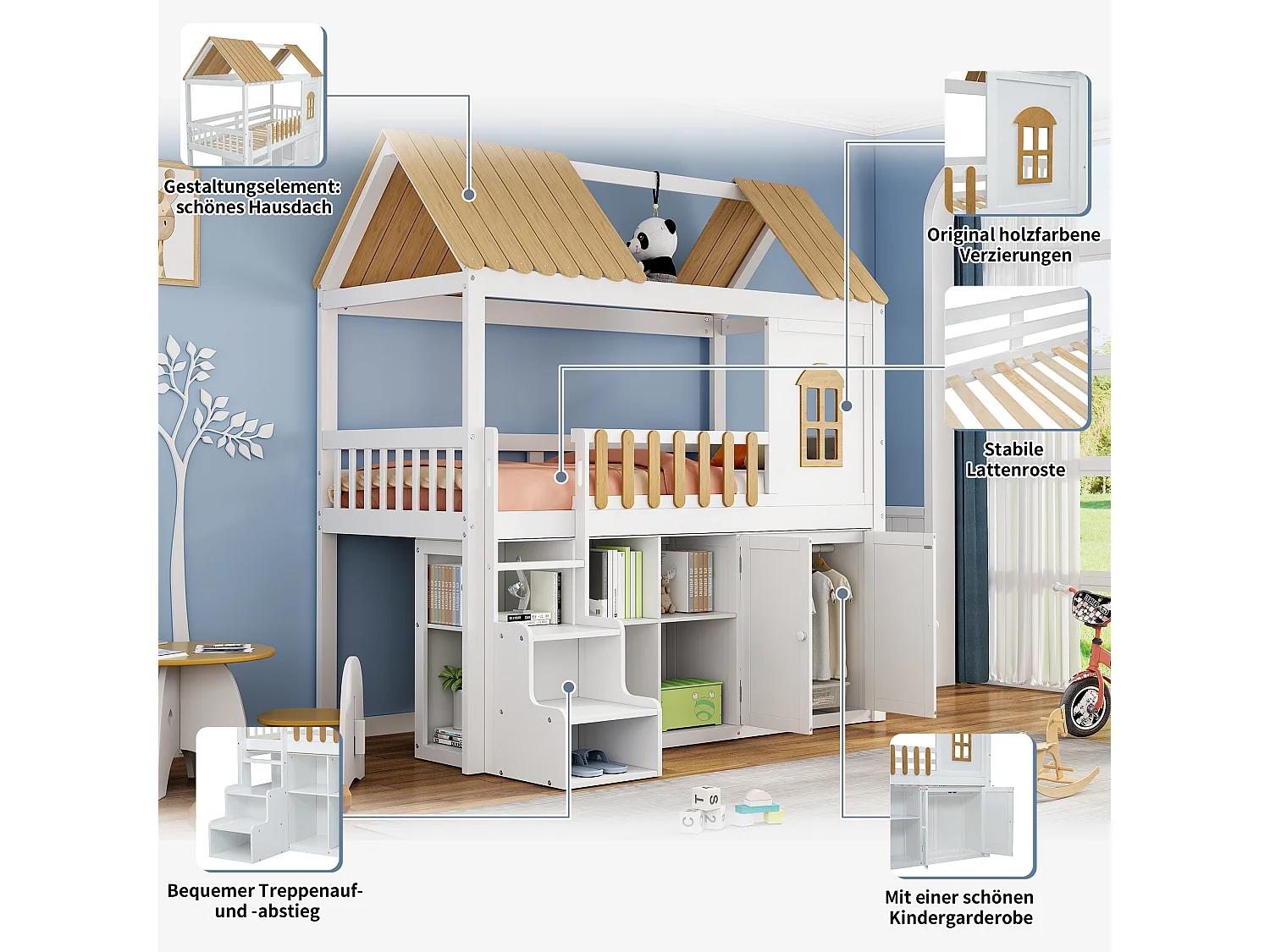 Łóżko piętrowe 90 x 200 cm z szafą, 2 drzwiami i dachem - sosna + MDF - białe + naturalne (bez materaca)