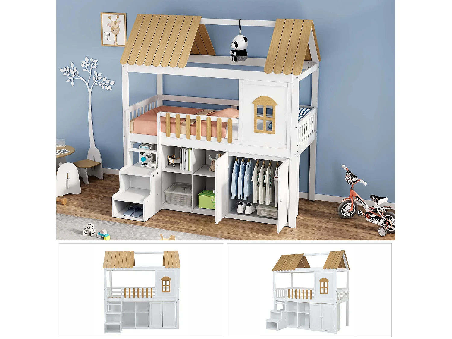 Łóżko piętrowe 90 x 200 cm z szafą, 2 drzwiami i dachem - sosna + MDF - białe + naturalne (bez materaca)
