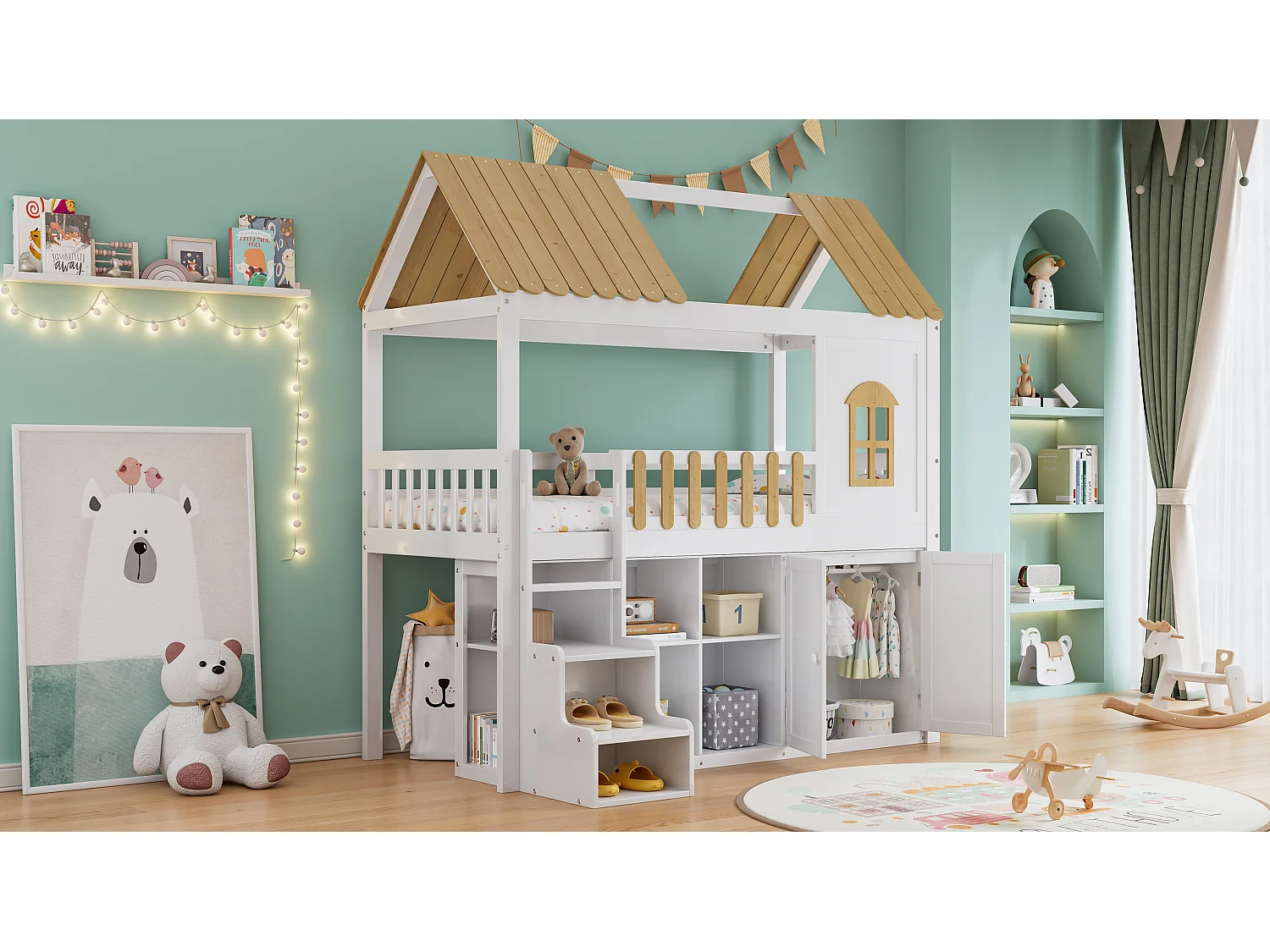 Łóżko piętrowe 90 x 200 cm z szafą, 2 drzwiami i dachem - sosna + MDF - białe + naturalne (bez materaca)