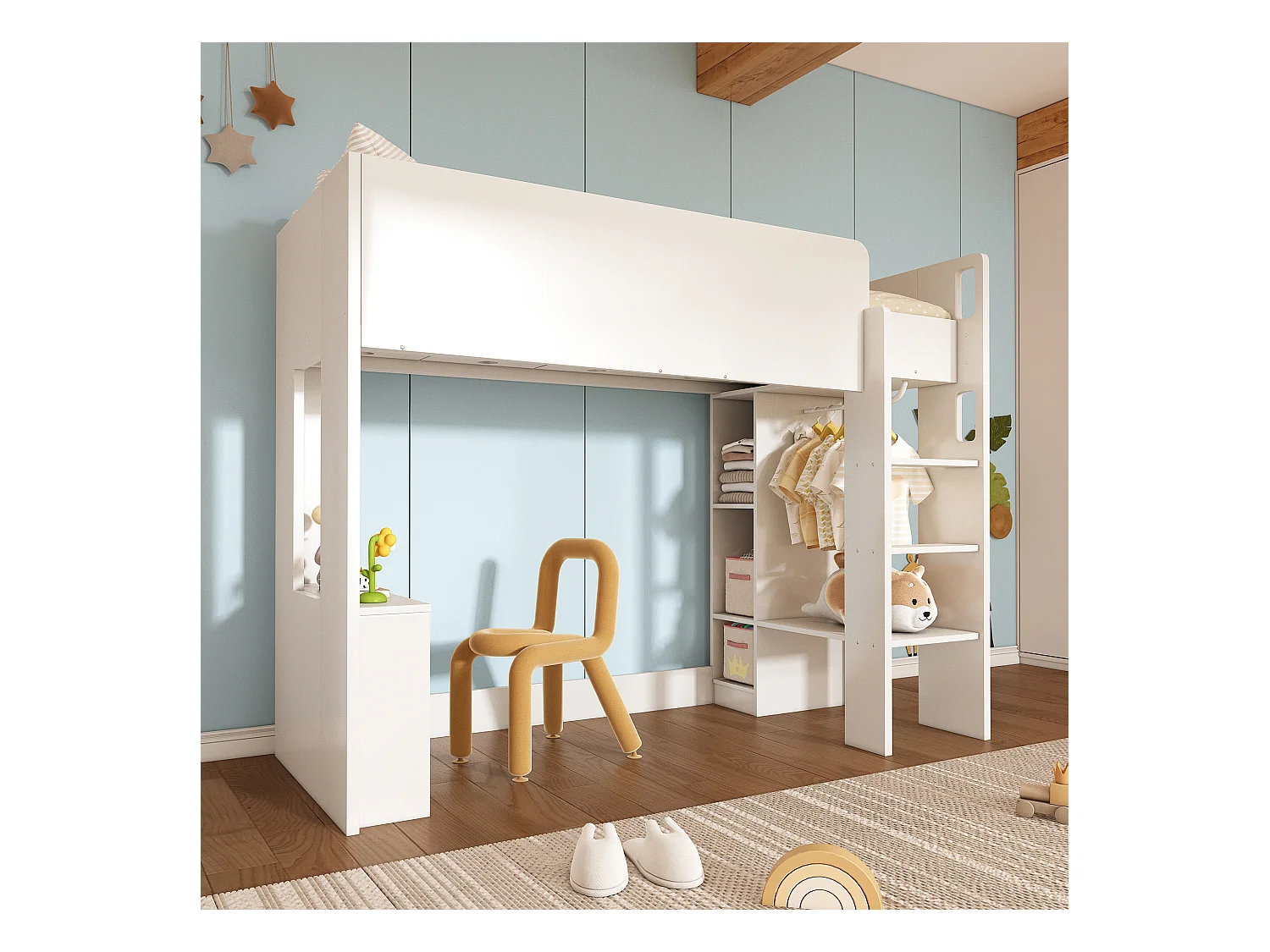 Lit mezzanine 90 x 200 pour enfant, Lit polyvalent 3 en 1 avec armoire, étagères ouvertes et escalier, Panneau de particules, Blanc