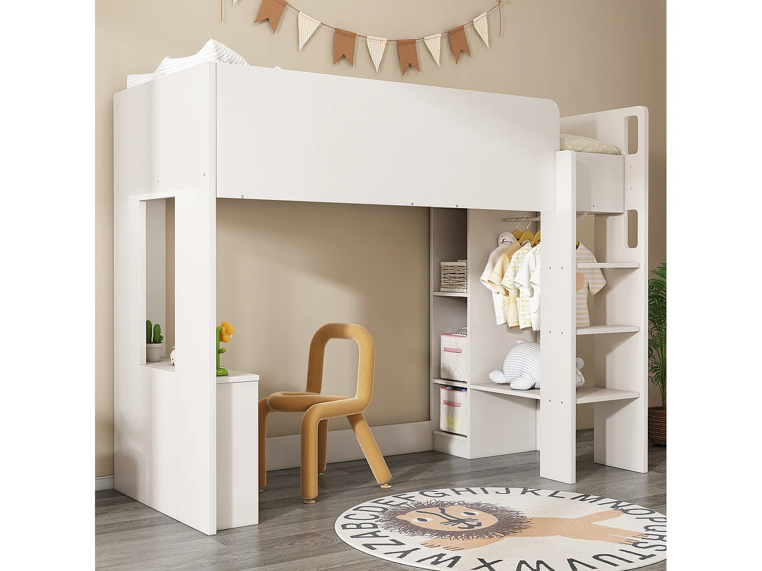Łóżko piętrowe dla dzieci 90 x 200, łóżko uniwersalne 3 w 1 z szafą, otwartymi półkami i schodkami, płyta wiórowa, kolor biały