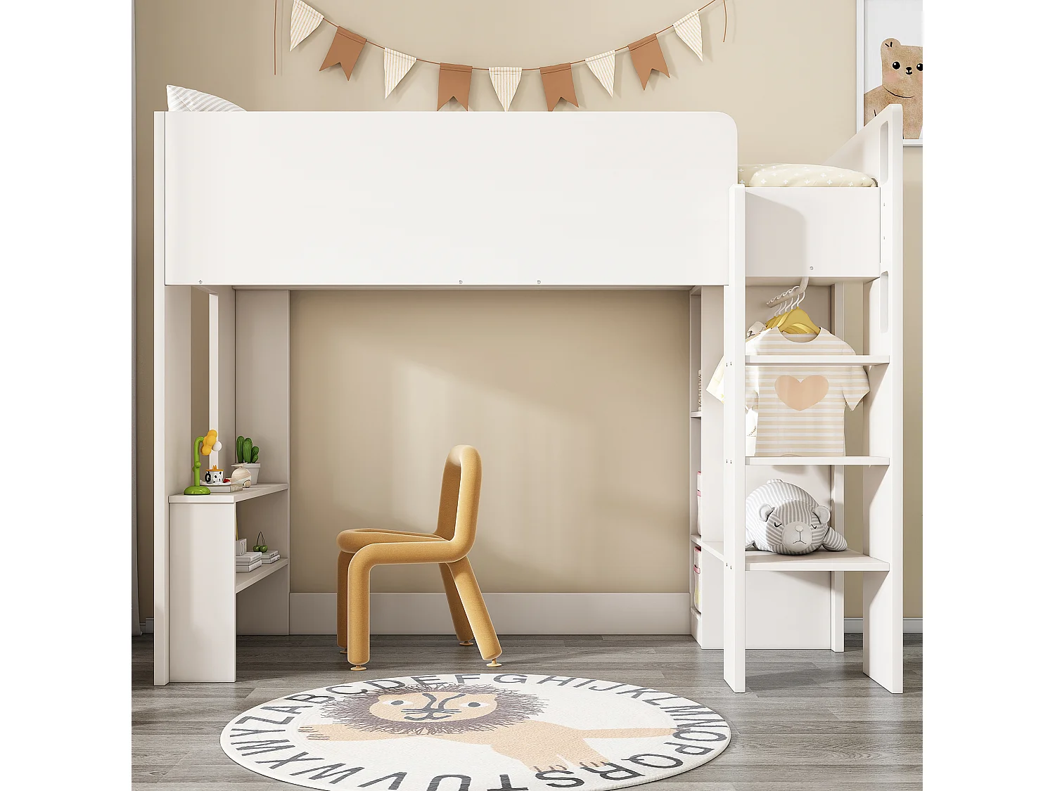 Łóżko piętrowe dla dzieci 90 x 200, łóżko uniwersalne 3 w 1 z szafą, otwartymi półkami i schodkami, płyta wiórowa, kolor biały