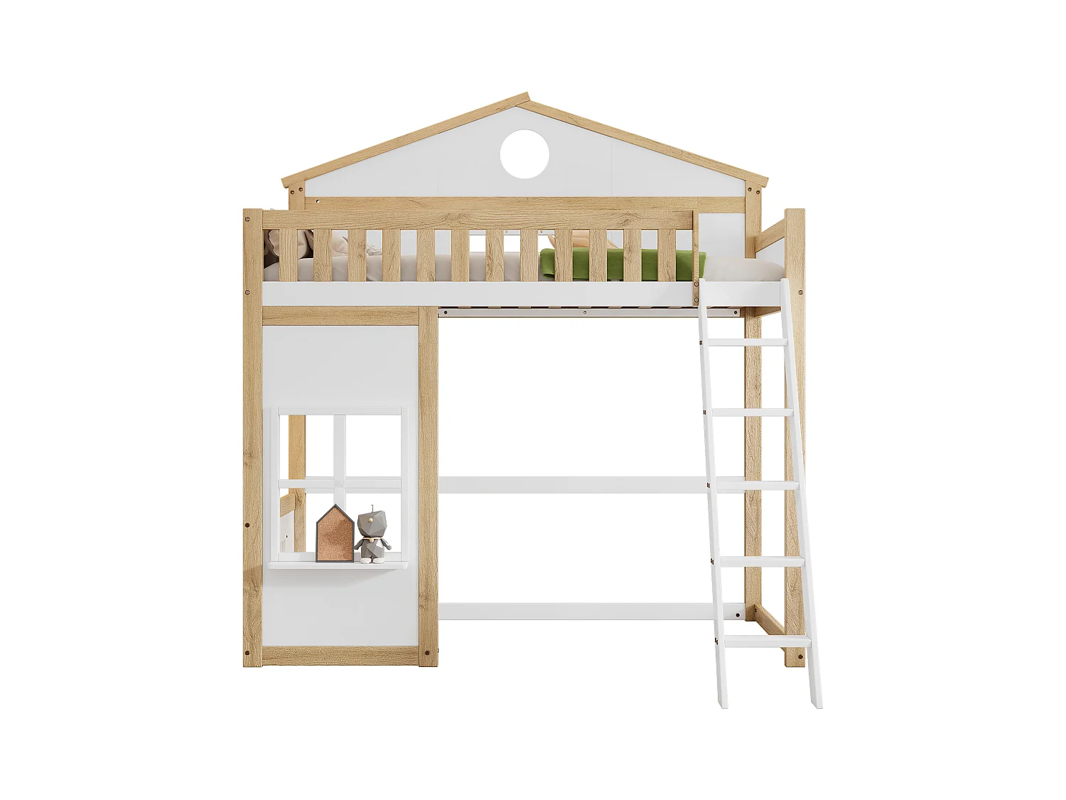 Lit mezzanine 90 x 200 cm avec fenêtres & garde-corps - pin + MDF - blanc + naturel (sans matelas)