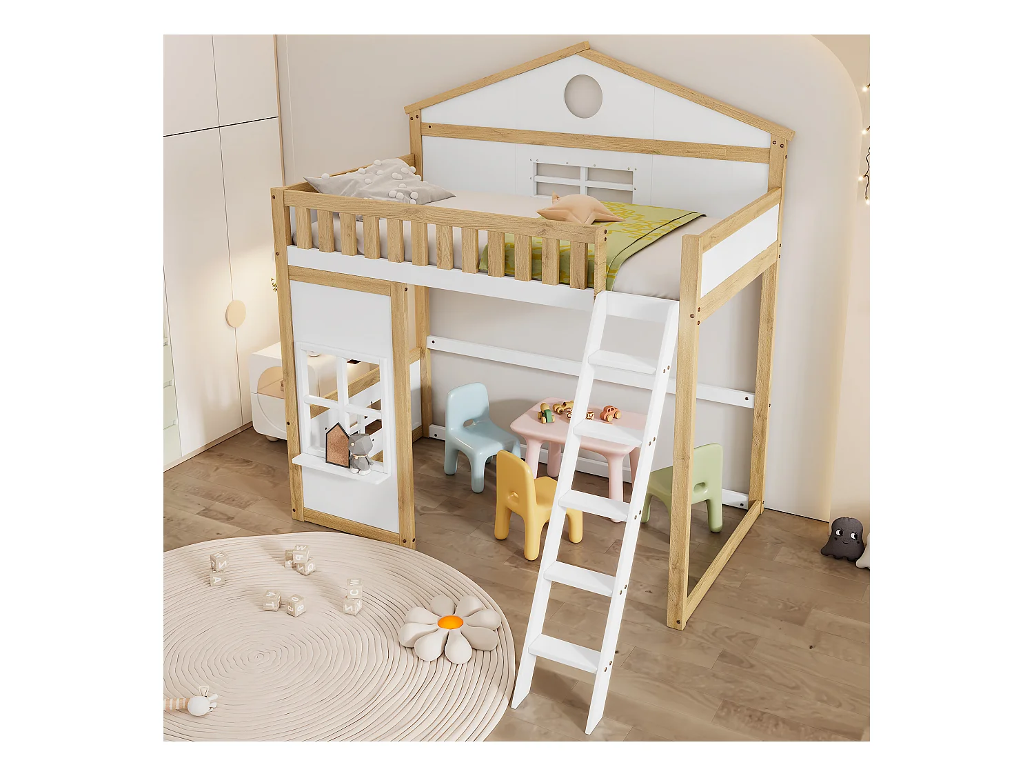 Lit mezzanine 90 x 200 cm avec fenêtres & garde-corps - pin + MDF - blanc + naturel (sans matelas)