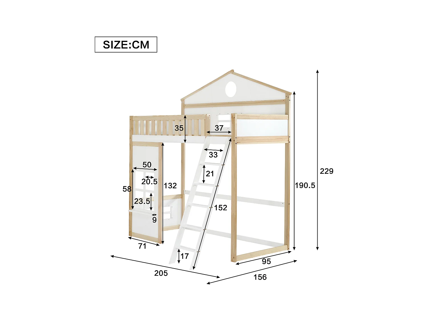 Lit mezzanine 90 x 200 cm avec fenêtres & garde-corps - pin + MDF - blanc + naturel (sans matelas)