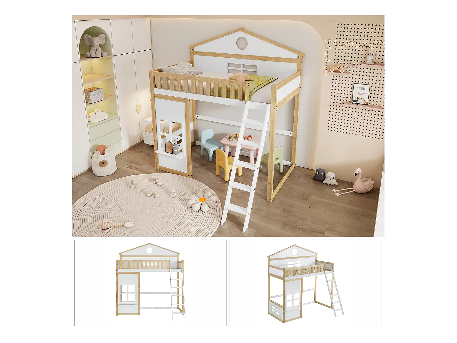 Lit mezzanine 90 x 200 cm avec fenêtres & garde-corps - pin + MDF - blanc + naturel (sans matelas)