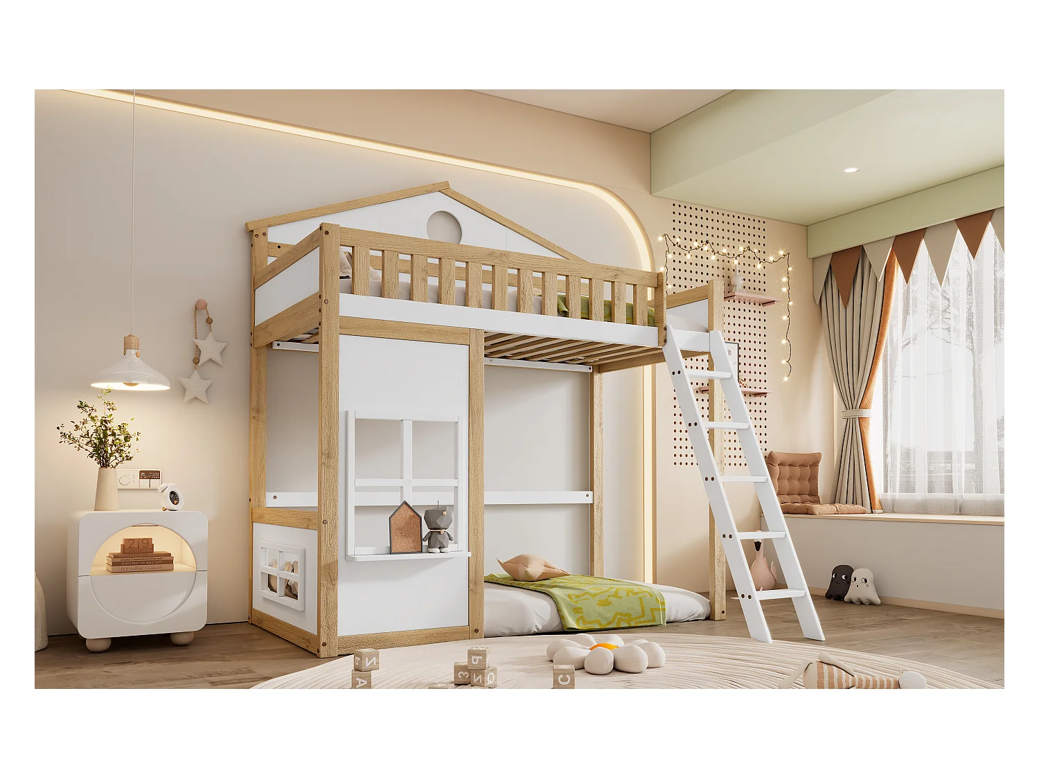 Lit mezzanine 90 x 200 cm avec fenêtres & garde-corps - pin + MDF - blanc + naturel (sans matelas)