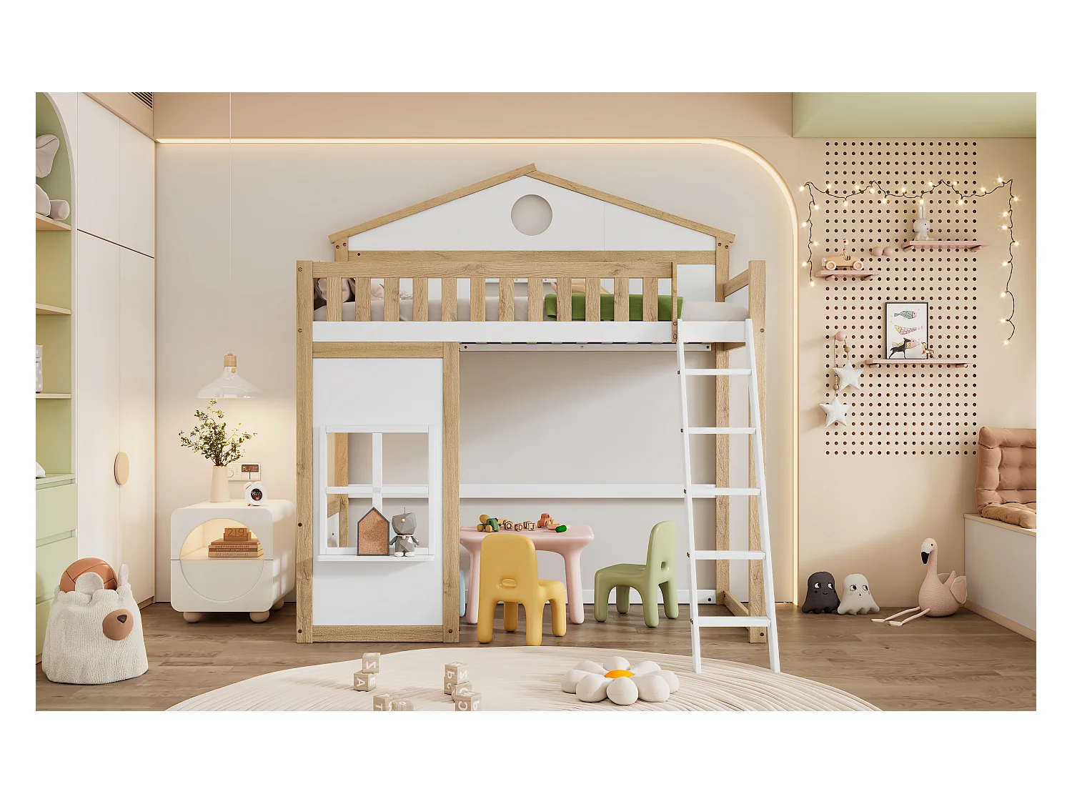 Lit mezzanine 90 x 200 cm avec fenêtres & garde-corps - pin + MDF - blanc + naturel (sans matelas)