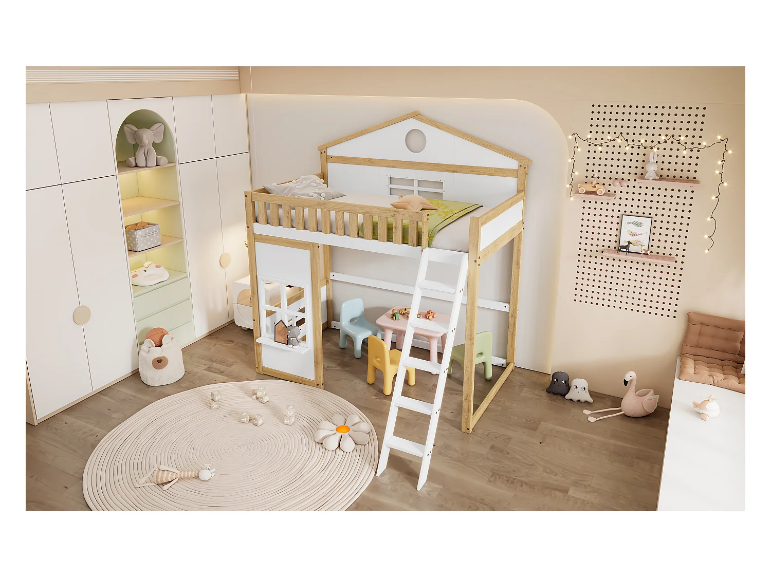 Lit mezzanine 90 x 200 cm avec fenêtres & garde-corps - pin + MDF - blanc + naturel (sans matelas)