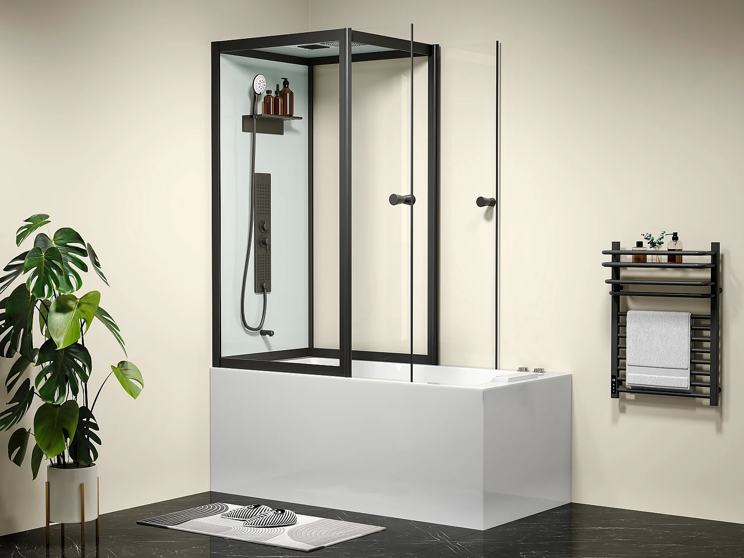 Baignoire douche - Profilés noirs - L150 x P75 x H215 cm - 100 microjets et 6 gros jets - DARIA II