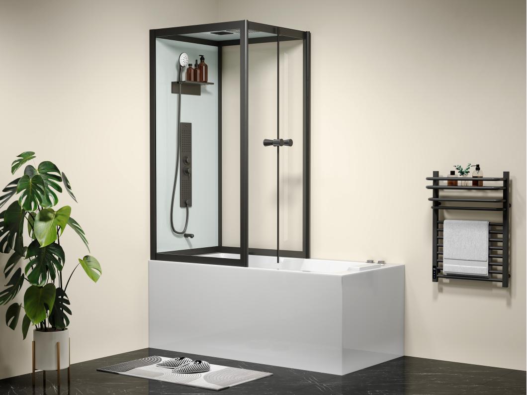 Baignoire douche - Profilés noirs - L150 x P75 x H215 cm - 100 microjets et 6 gros jets - DARIA II