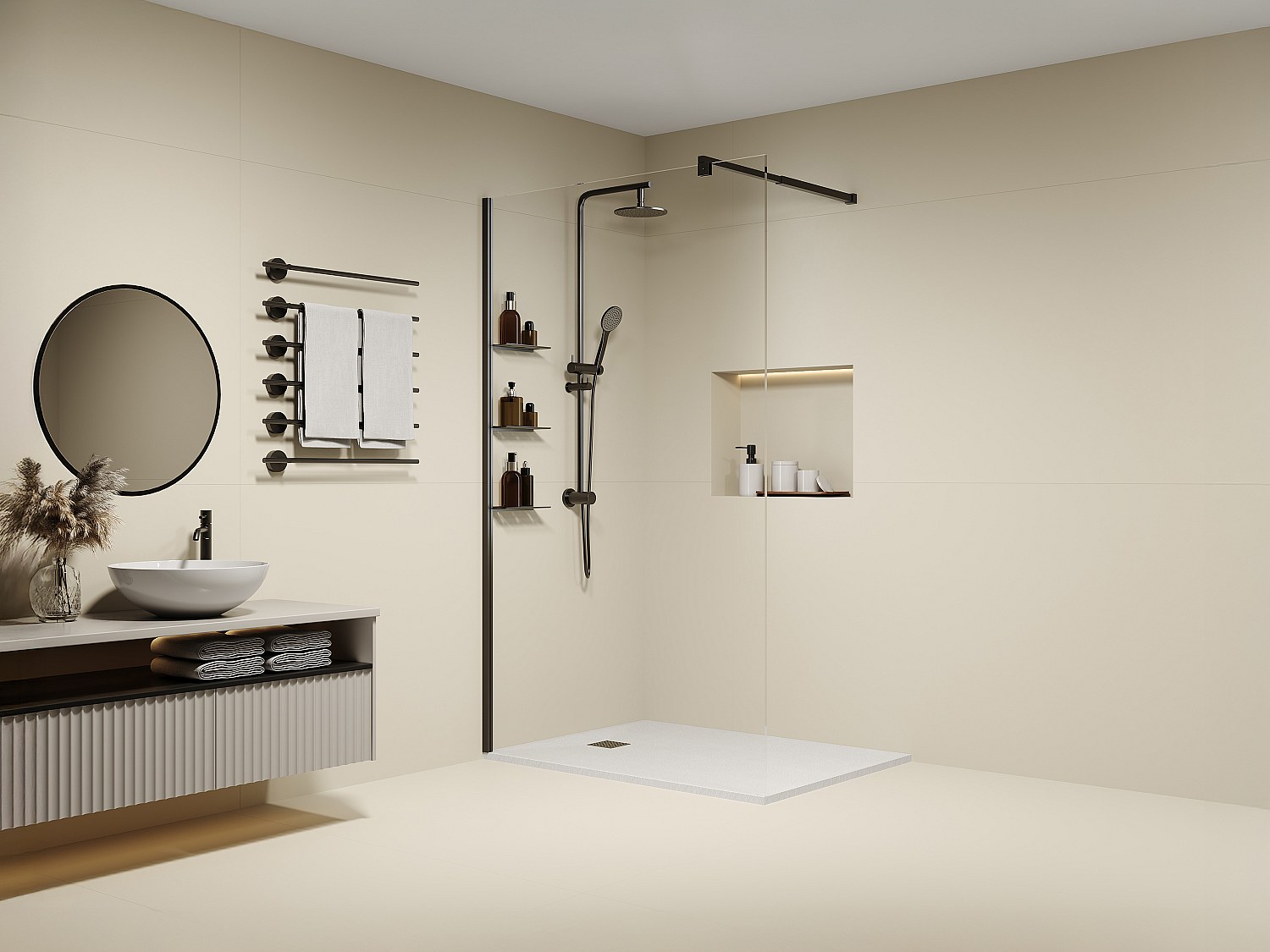 Duschwand für begehbare Duschen mit Ablagen - Schwarz matt - Glas 6 mm - 12 günstig online kaufen