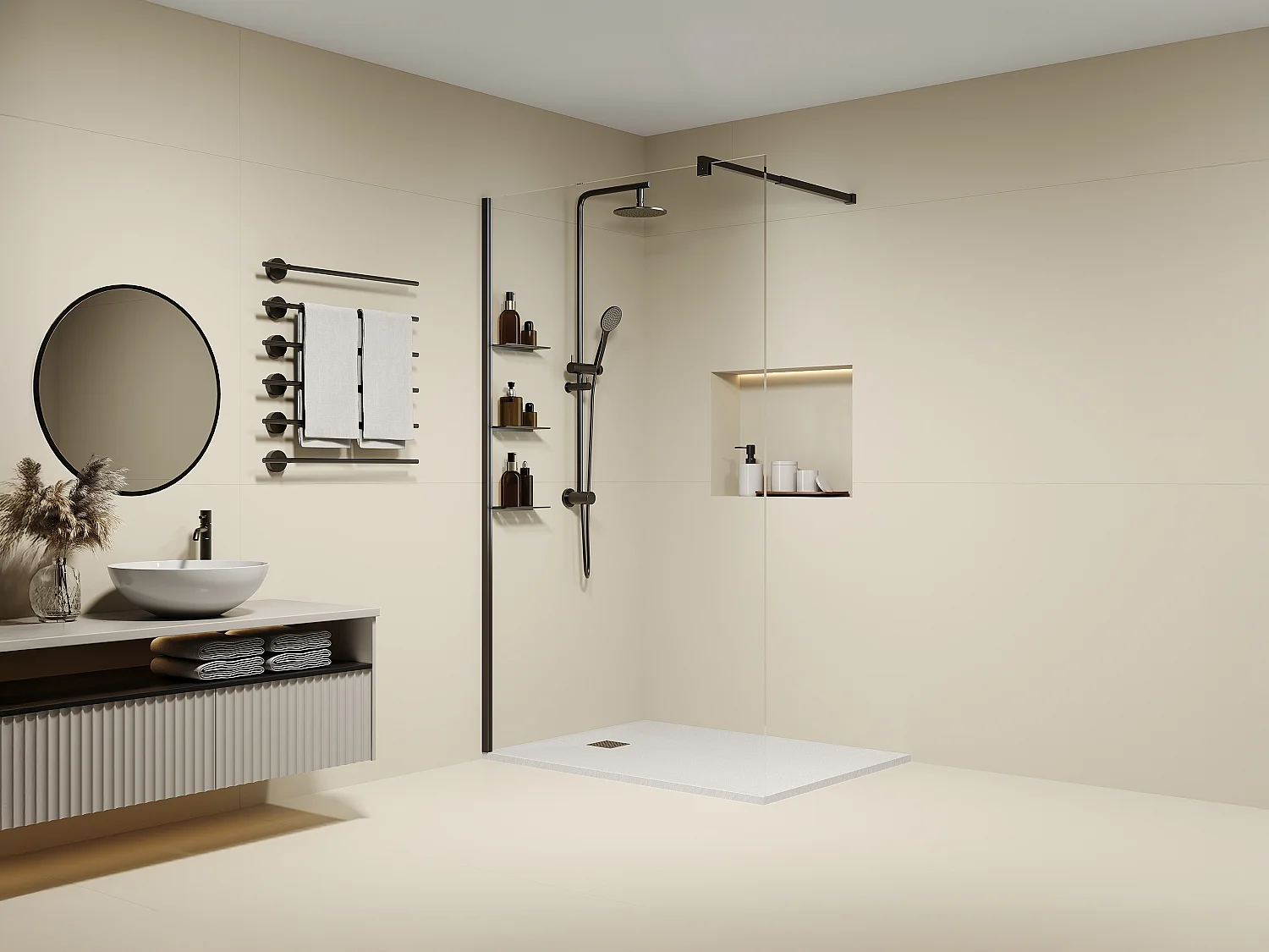 Italiensk walk-in-brusevæg med hylder - Mat sort - 6 mm glas - 120x200 cm - DAREN