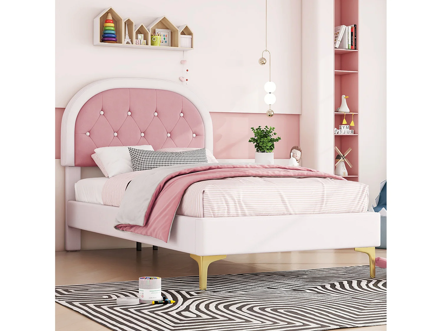 Cama tapizada de 90 x 200 cm con cabecero curvo - patas de metal - terciopelo - rosa (sin colchón)