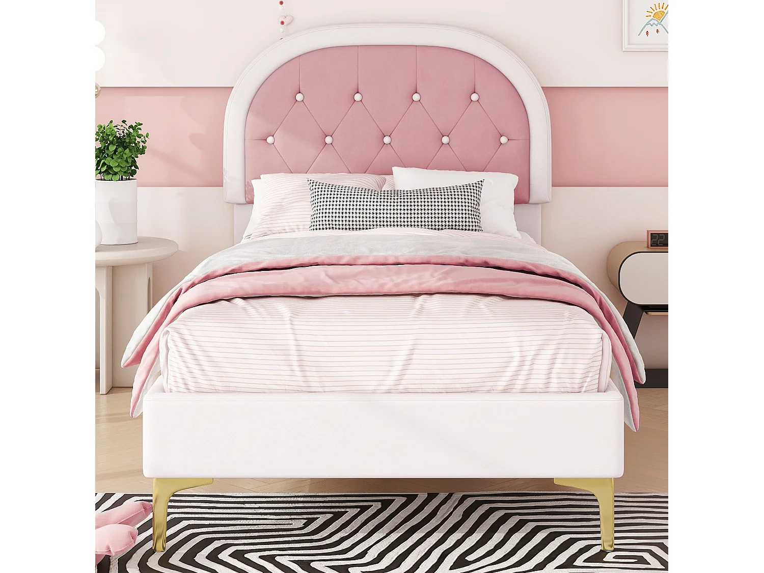Cama tapizada de 90 x 200 cm con cabecero curvo - patas de metal - terciopelo - rosa (sin colchón)