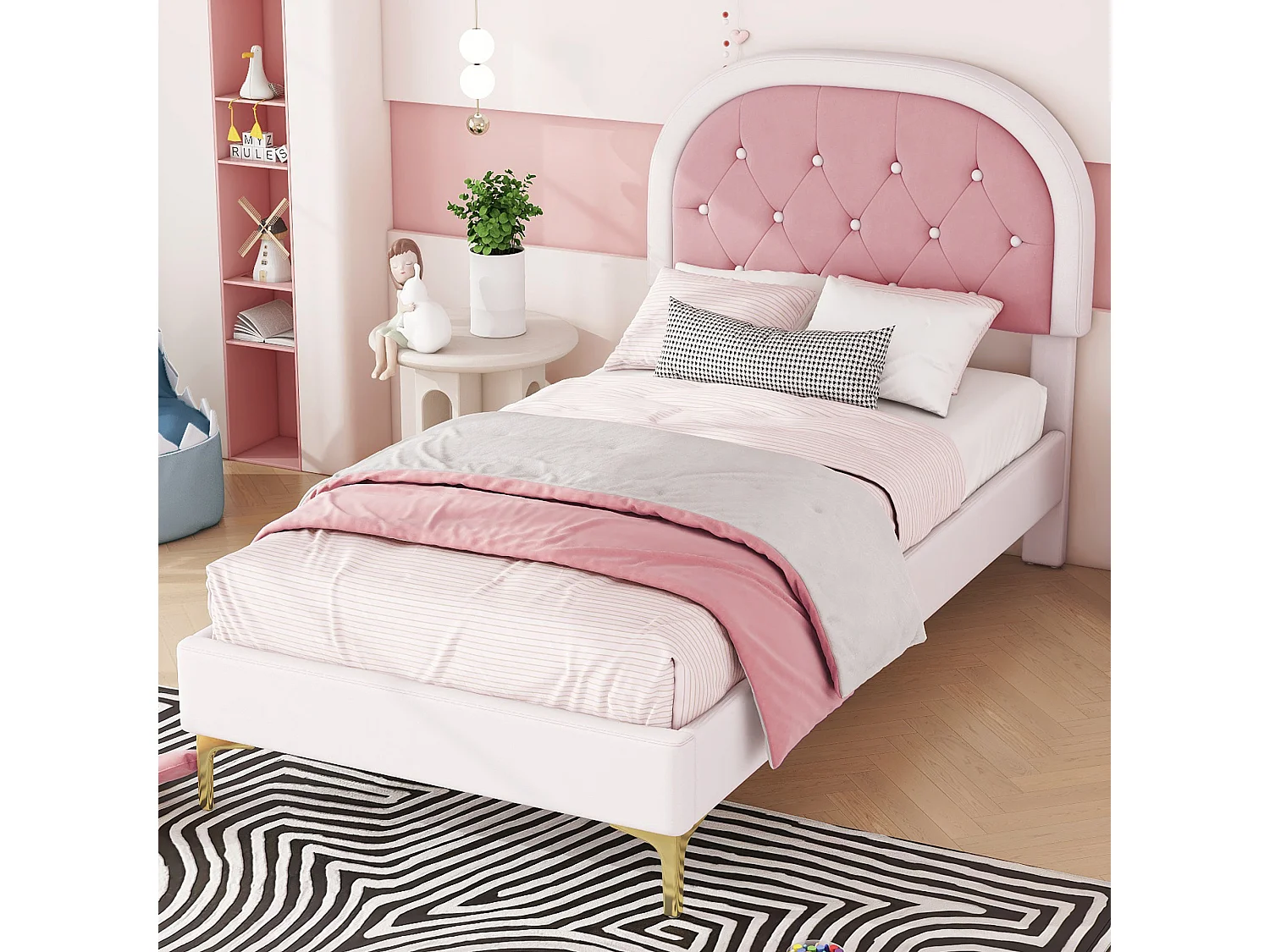 Cama tapizada de 90 x 200 cm con cabecero curvo - patas de metal - terciopelo - rosa (sin colchón)