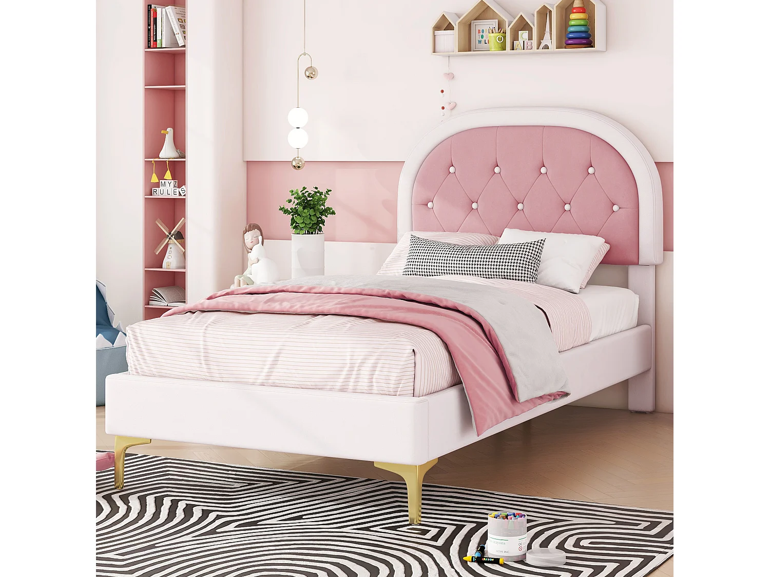 Cama tapizada de 90 x 200 cm con cabecero curvo - patas de metal - terciopelo - rosa (sin colchón)