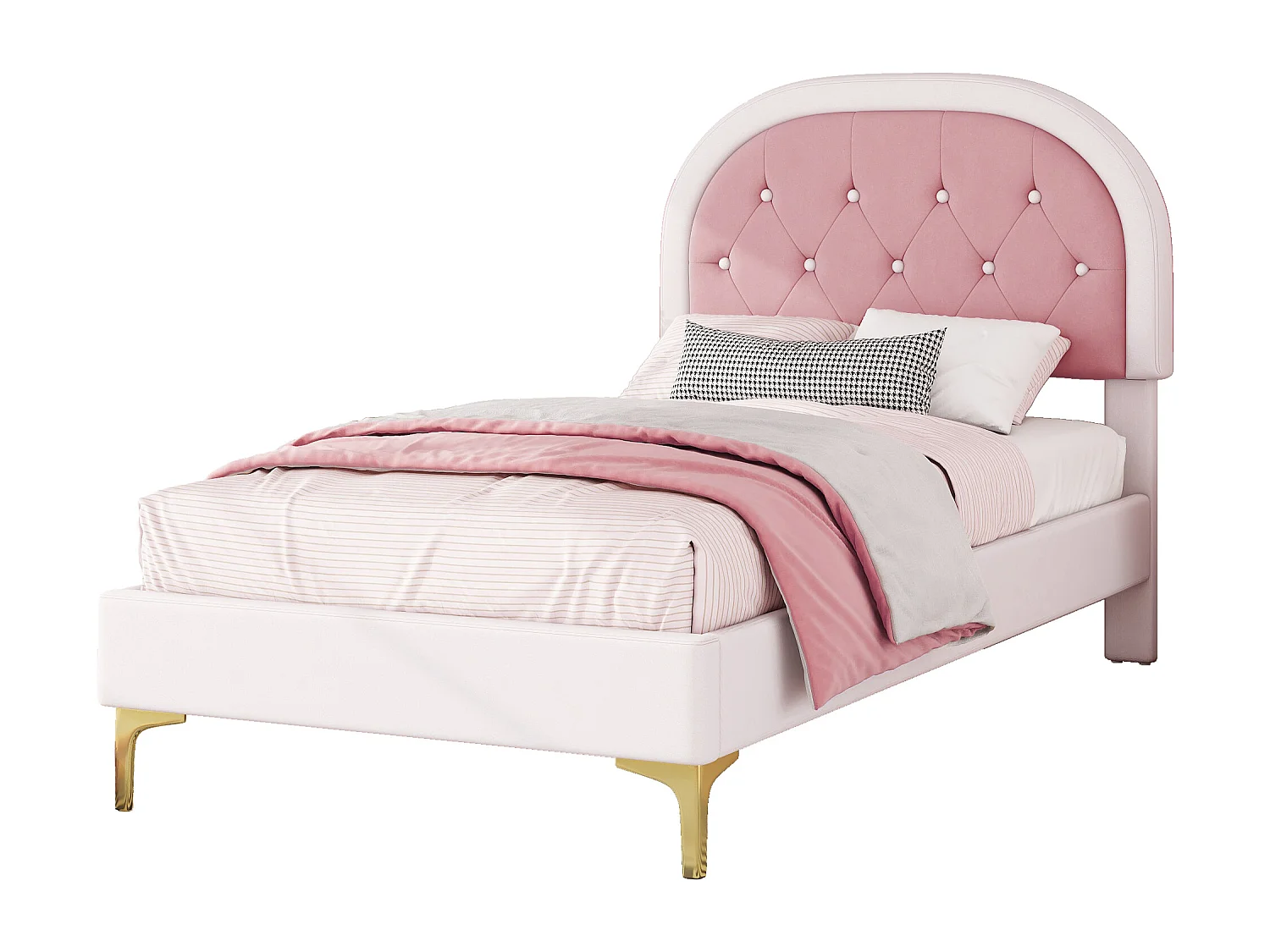 Cama tapizada de 90 x 200 cm con cabecero curvo - patas de metal - terciopelo - rosa (sin colchón)