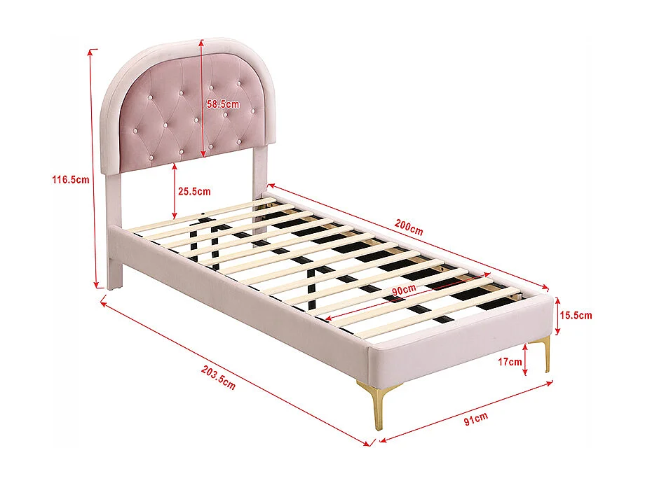 Cama tapizada de 90 x 200 cm con cabecero curvo - patas de metal - terciopelo - rosa (sin colchón)