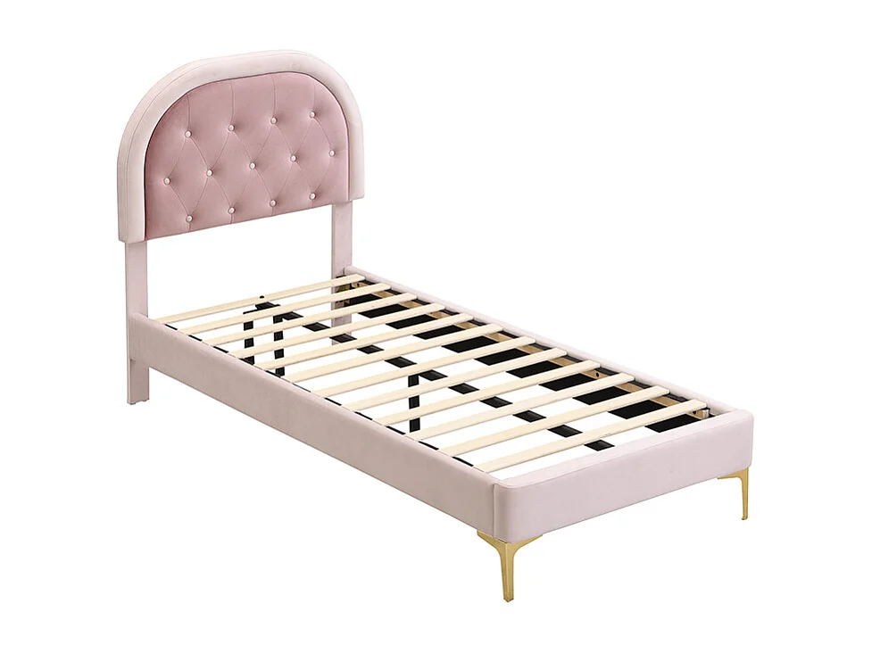 Cama tapizada de 90 x 200 cm con cabecero curvo - patas de metal - terciopelo - rosa (sin colchón)