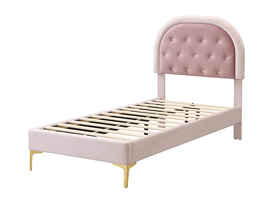 Cama tapizada de 90 x 200 cm con cabecero curvo - patas de metal - terciopelo - rosa (sin colchón)
