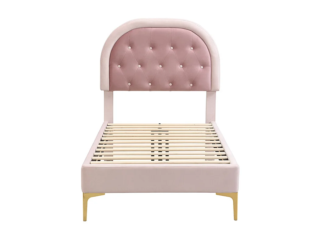 Cama tapizada de 90 x 200 cm con cabecero curvo - patas de metal - terciopelo - rosa (sin colchón)