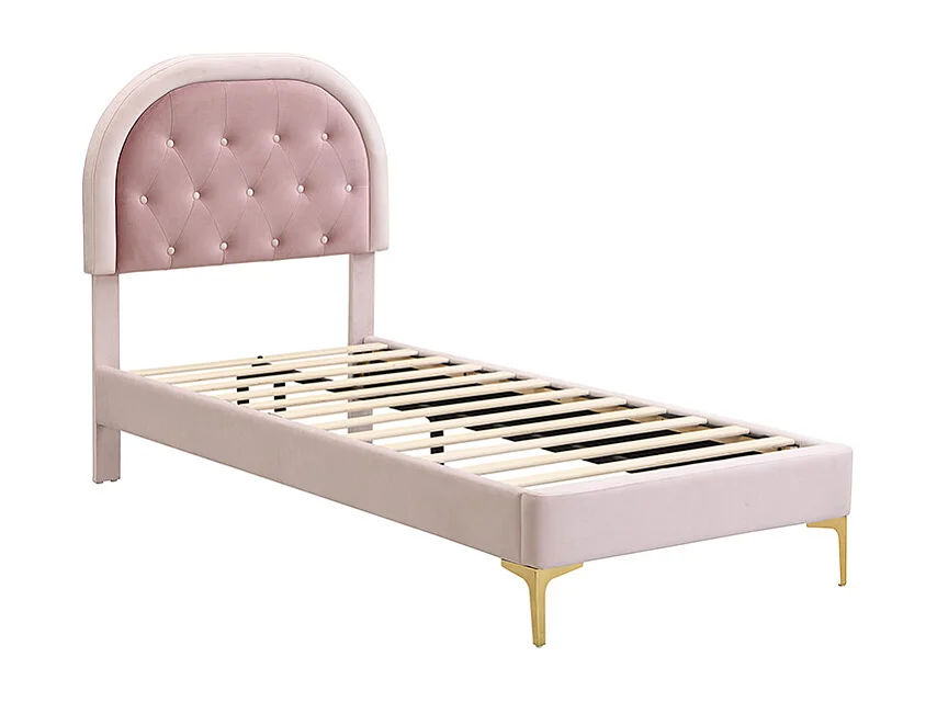 Cama tapizada de 90 x 200 cm con cabecero curvo - patas de metal - terciopelo - rosa (sin colchón)