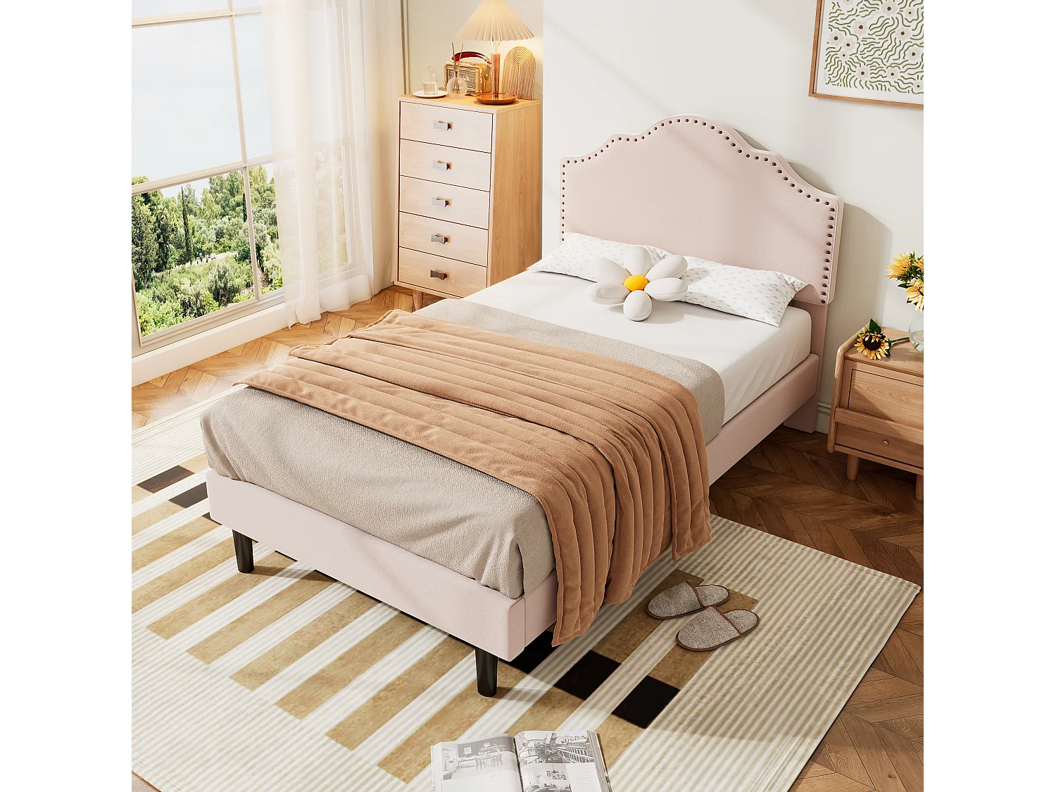 Cama estofada 90 x 200 cm com cabeceira curva - decoração com rebites - veludo - rosa (sem colchão)