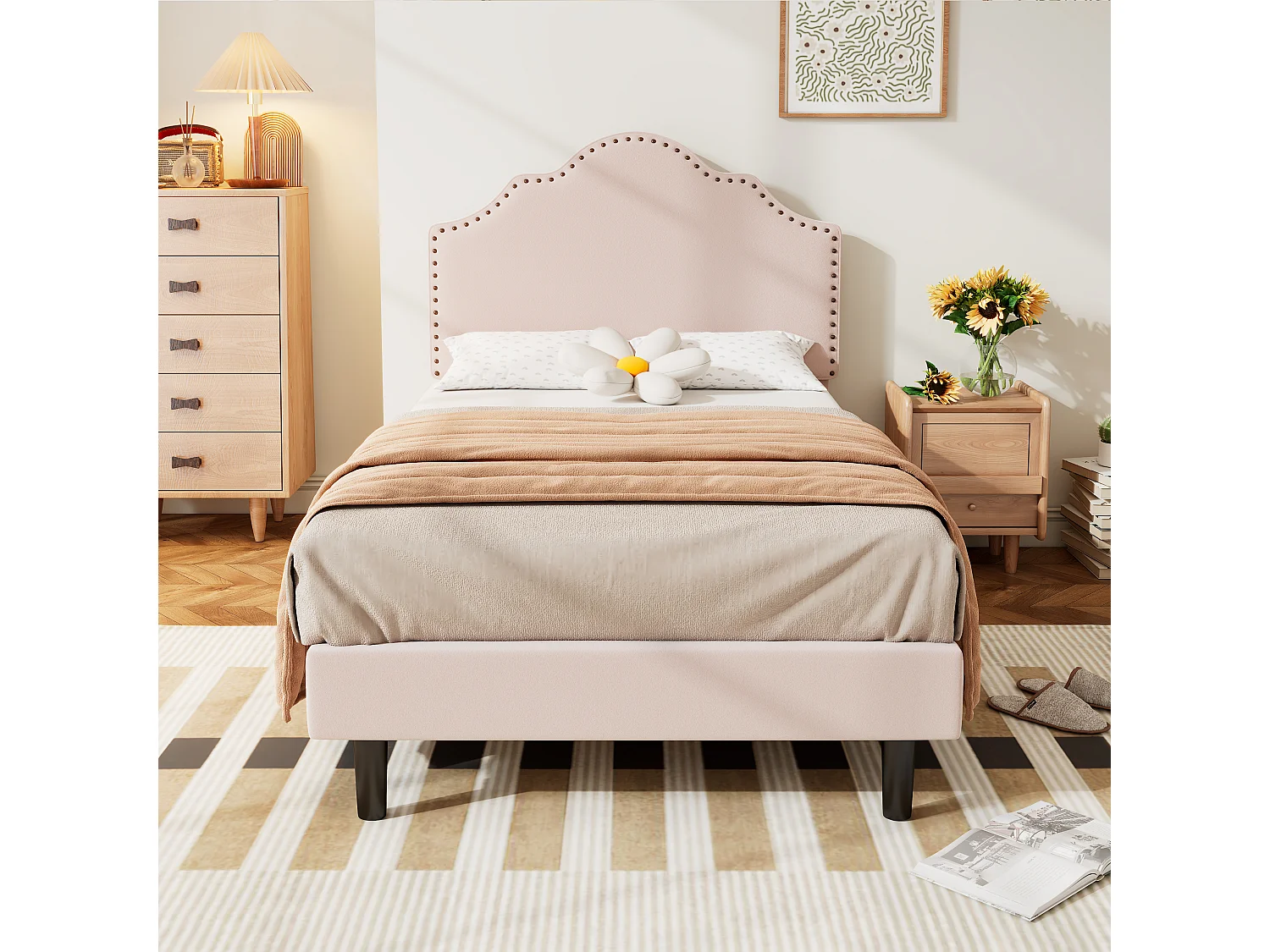 Cama estofada 90 x 200 cm com cabeceira curva - decoração com rebites - veludo - rosa (sem colchão)