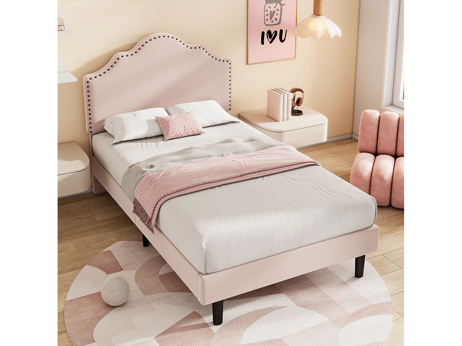 Cama estofada 90 x 200 cm com cabeceira curva - decoração com rebites - veludo - rosa (sem colchão)