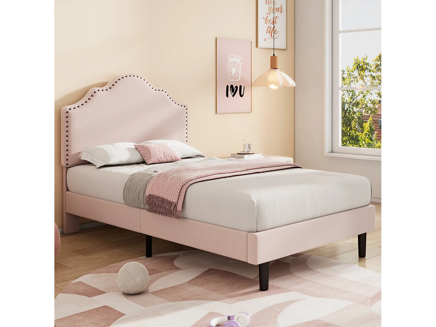 Cama estofada 90 x 200 cm com cabeceira curva - decoração com rebites - veludo - rosa (sem colchão)