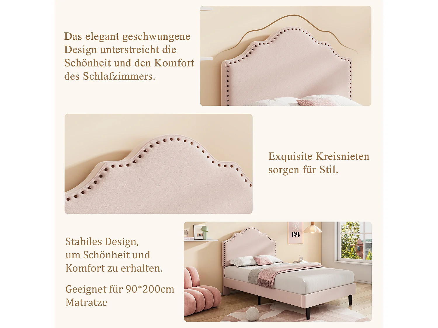 Cama estofada 90 x 200 cm com cabeceira curva - decoração com rebites - veludo - rosa (sem colchão)