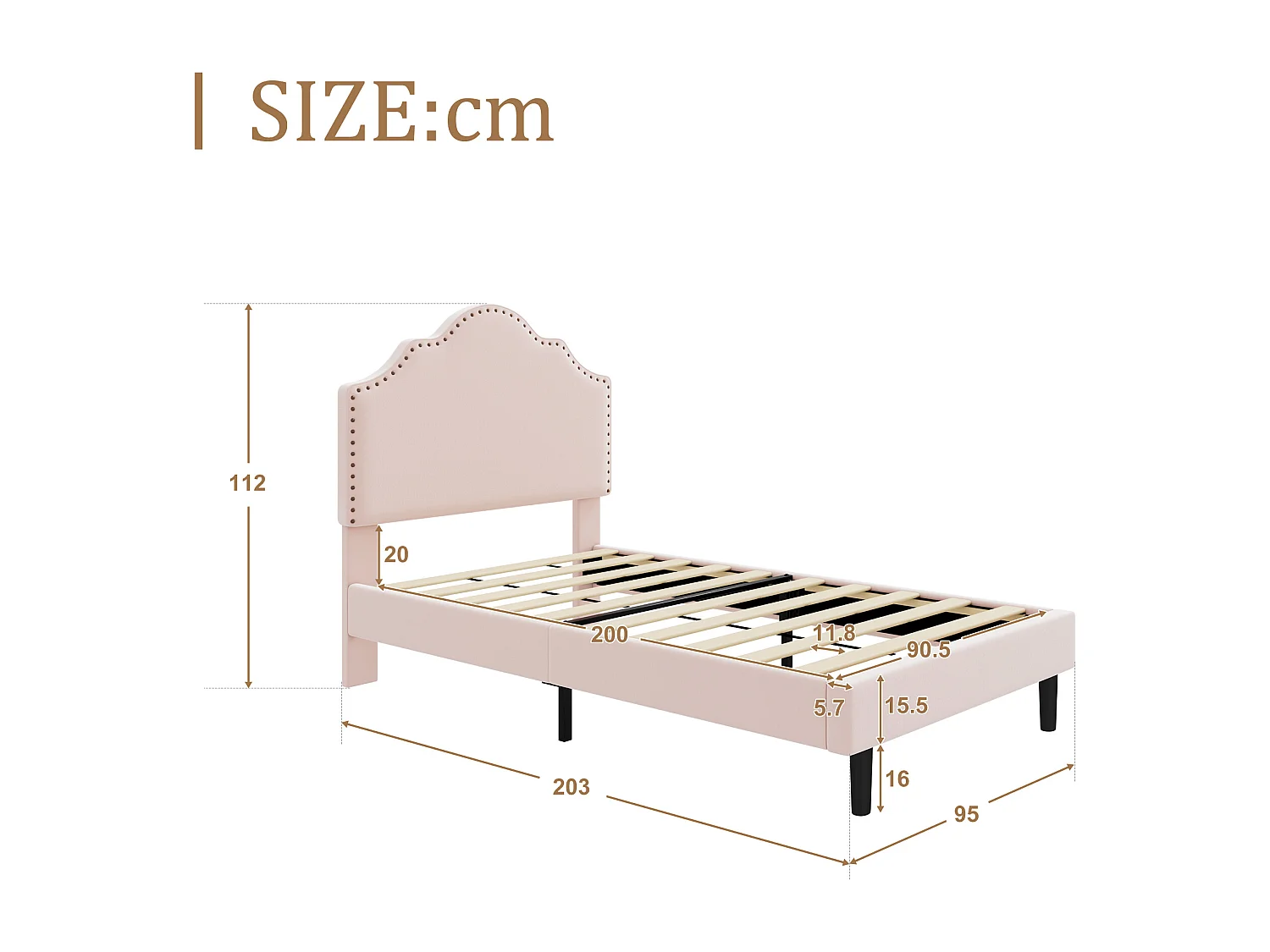 Cama estofada 90 x 200 cm com cabeceira curva - decoração com rebites - veludo - rosa (sem colchão)