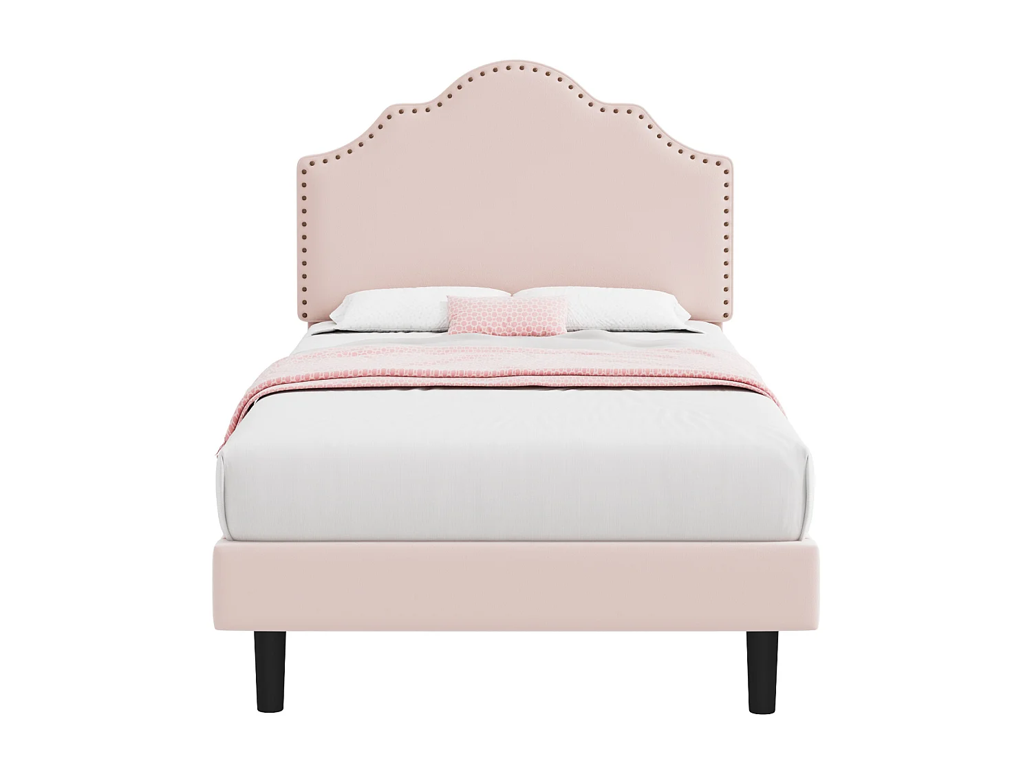 Cama estofada 90 x 200 cm com cabeceira curva - decoração com rebites - veludo - rosa (sem colchão)