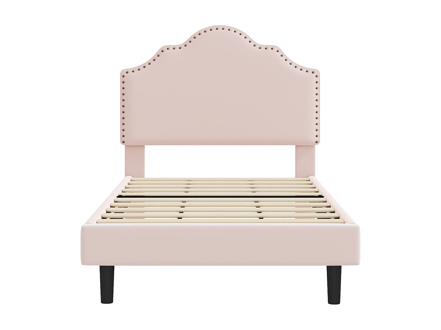 Cama estofada 90 x 200 cm com cabeceira curva - decoração com rebites - veludo - rosa (sem colchão)