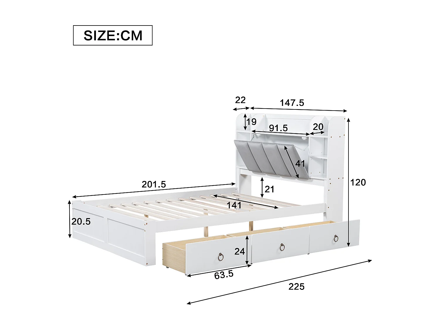 Cama 140 x 200 cm com 3 Gavetas, Prateleira Aberta e Porta Rebatível - Pinho + MDF - para Adultos - Branco + Cinza
