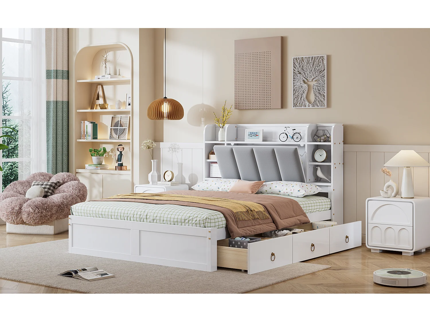 Lit 140 x 200 cm avec 3 Tiroirs, Etagère Ouverte et Porte Rabattable - Pin + MDF - pour Adulte - Blanc + Gris