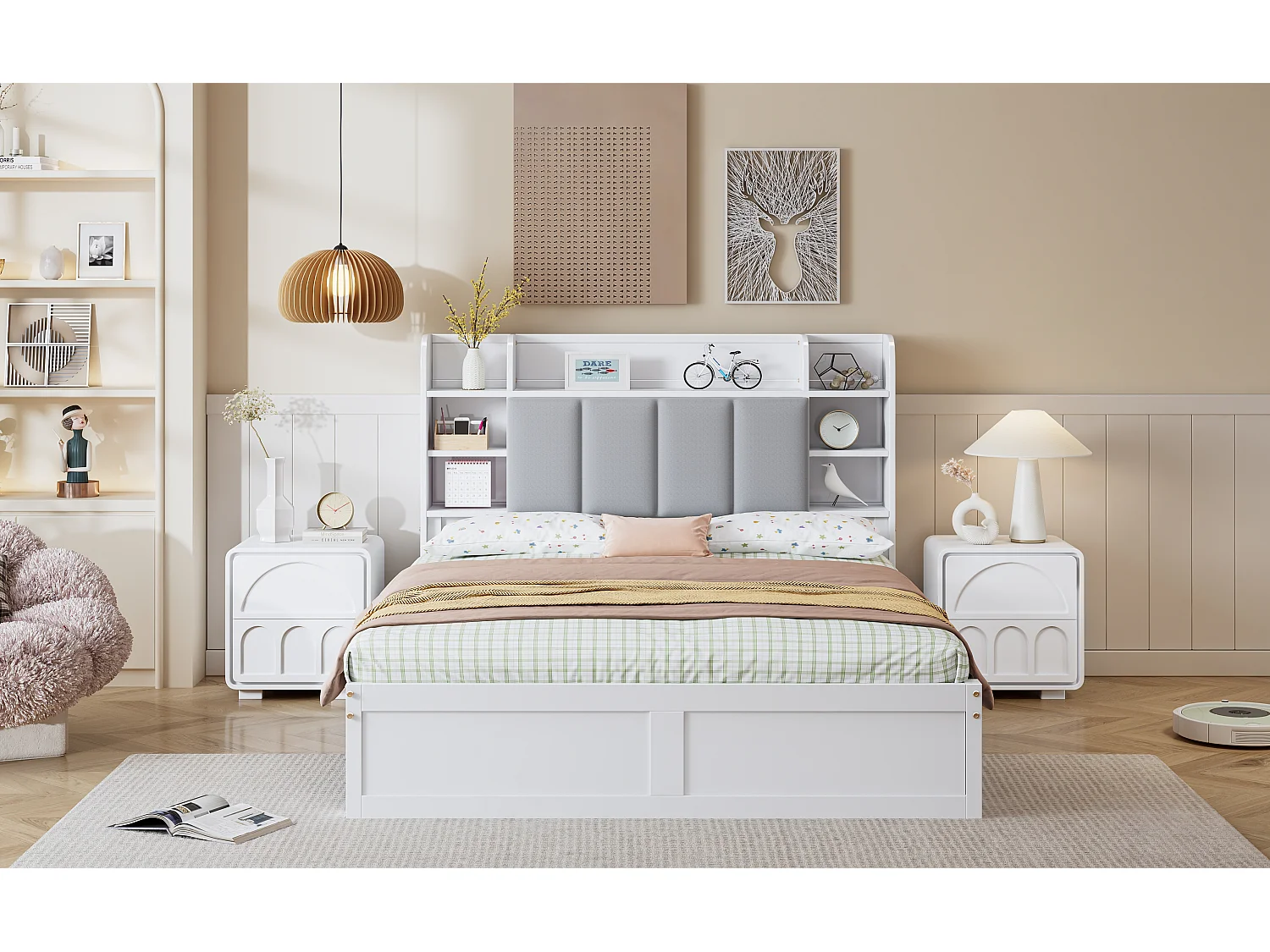 Lit 140 x 200 cm avec 3 Tiroirs, Etagère Ouverte et Porte Rabattable - Pin + MDF - pour Adulte - Blanc + Gris