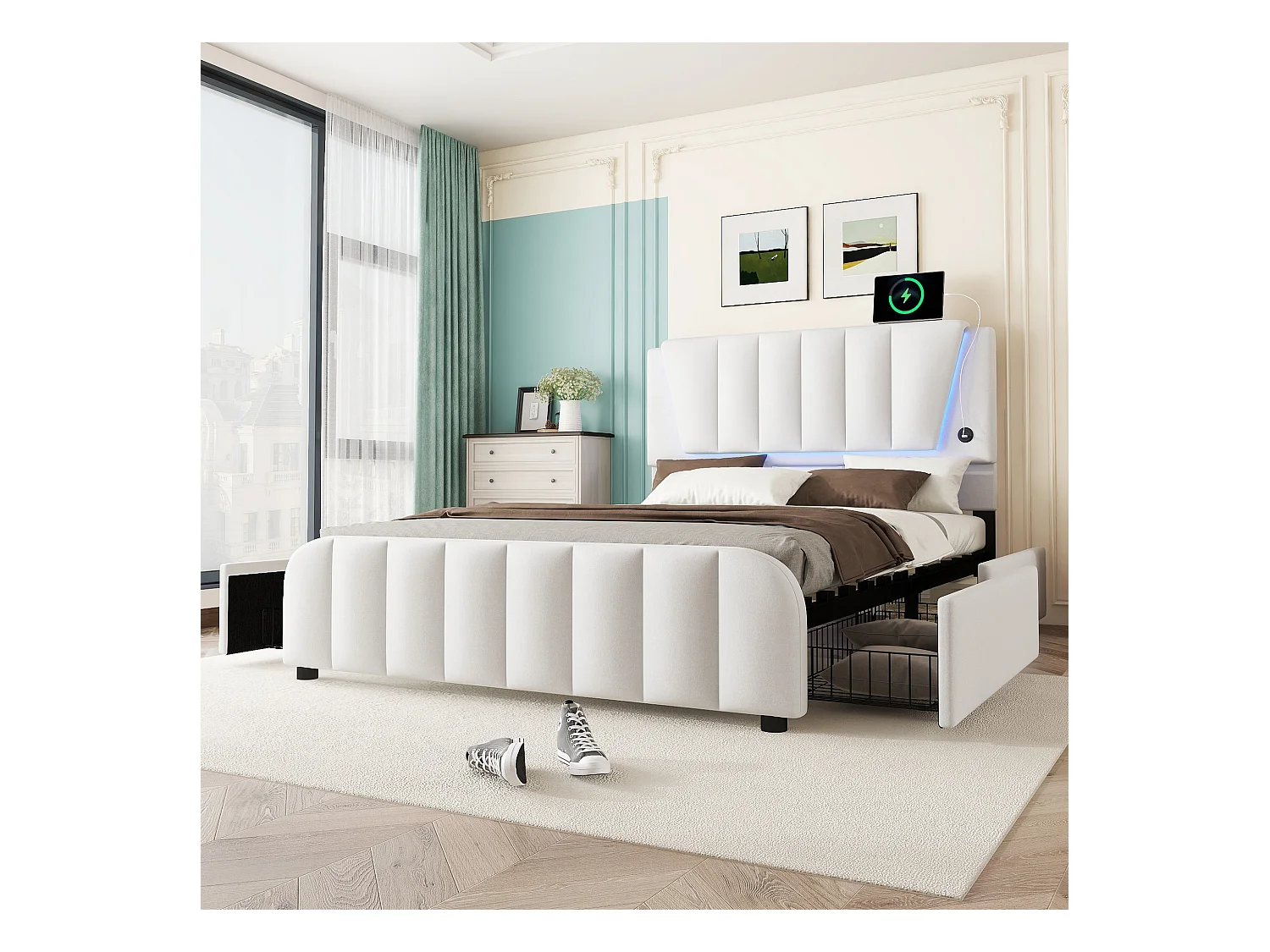 Lit capitonné 140 x 200 cm avec 4 tiroirs et tête de lit réglable - LEDs - tissu en lin - beige