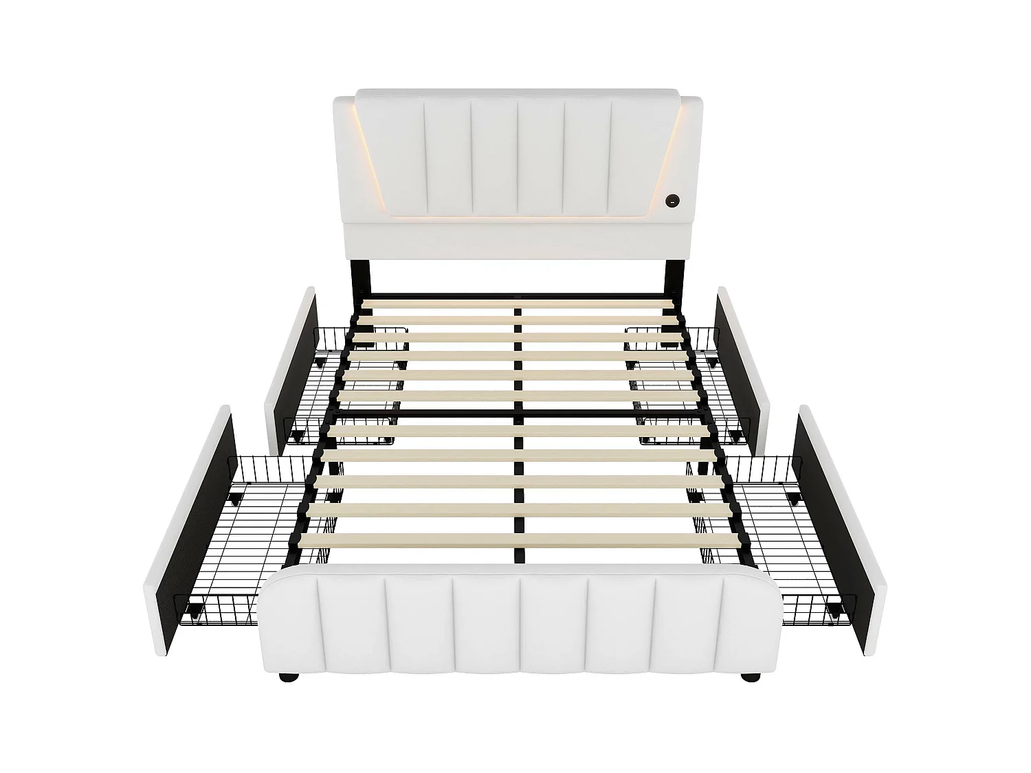 Lit capitonné 140 x 200 cm avec 4 tiroirs et tête de lit réglable - LEDs - tissu en lin - beige