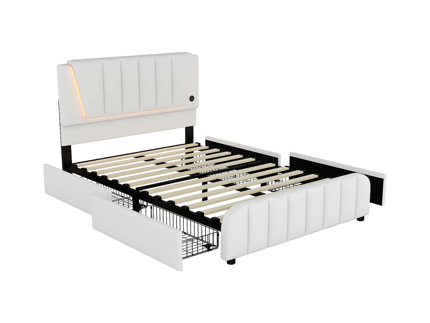 Lit capitonné 140 x 200 cm avec 4 tiroirs et tête de lit réglable - LEDs - tissu en lin - beige