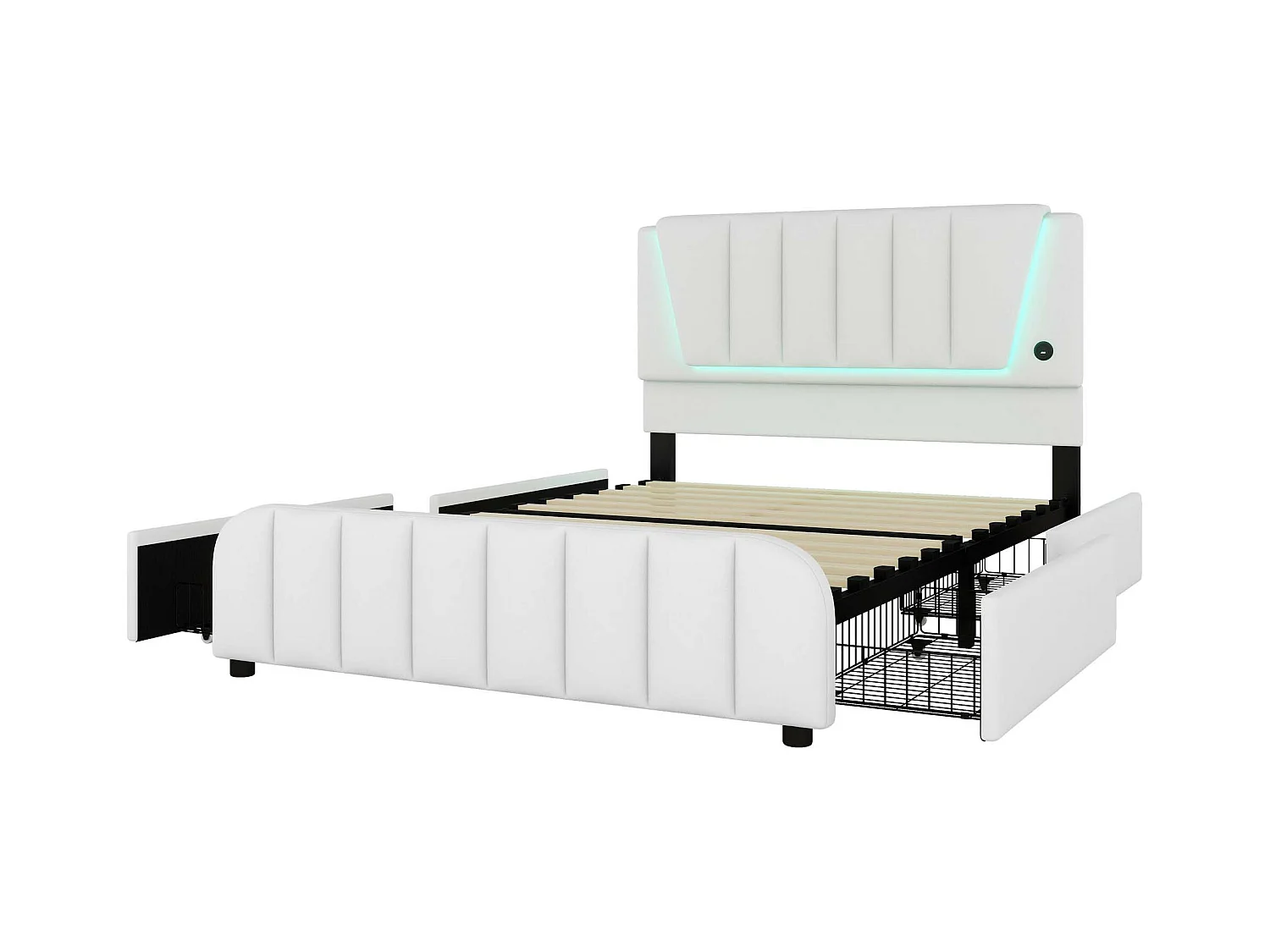 Lit capitonné 140 x 200 cm avec 4 tiroirs et tête de lit réglable - LEDs - tissu en lin - beige